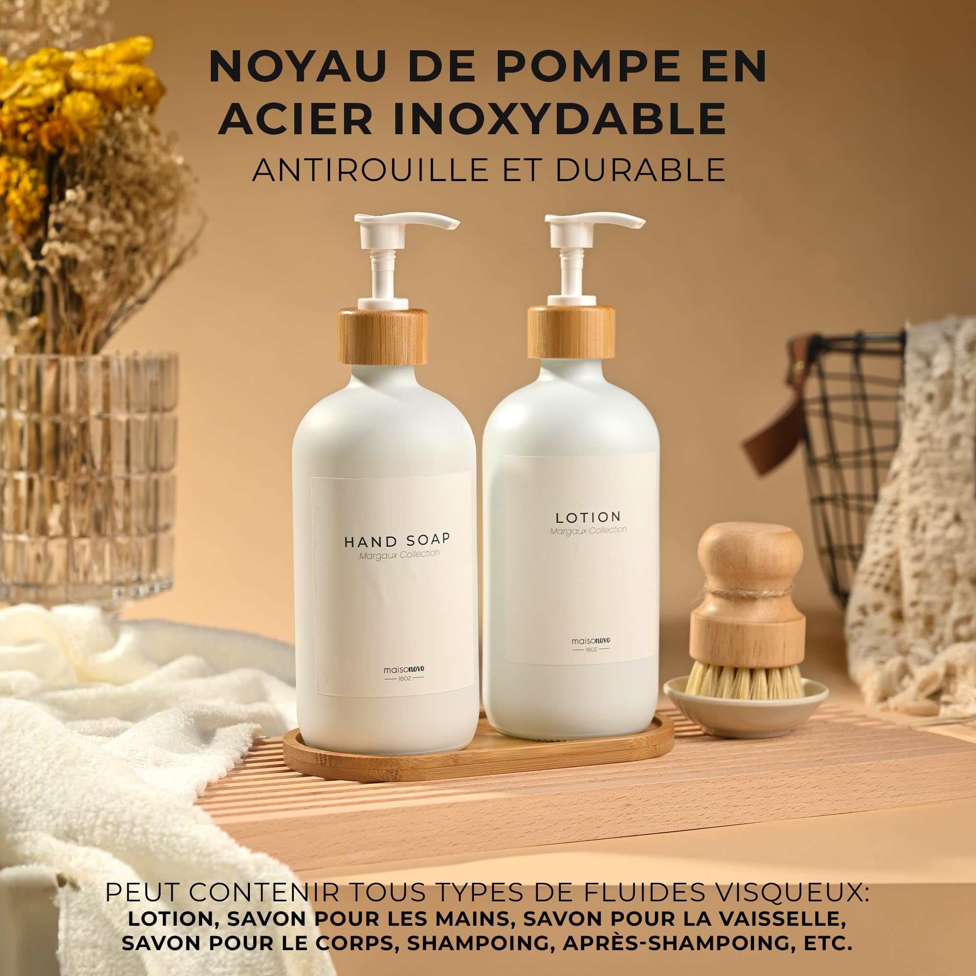 MaisoNovo Distributeur Savon Verre Salle De Bain Lot de 2 - Blanc Distributeurs De Savon Et De Lotion avec Pompe Blanche Bambou, Plateau