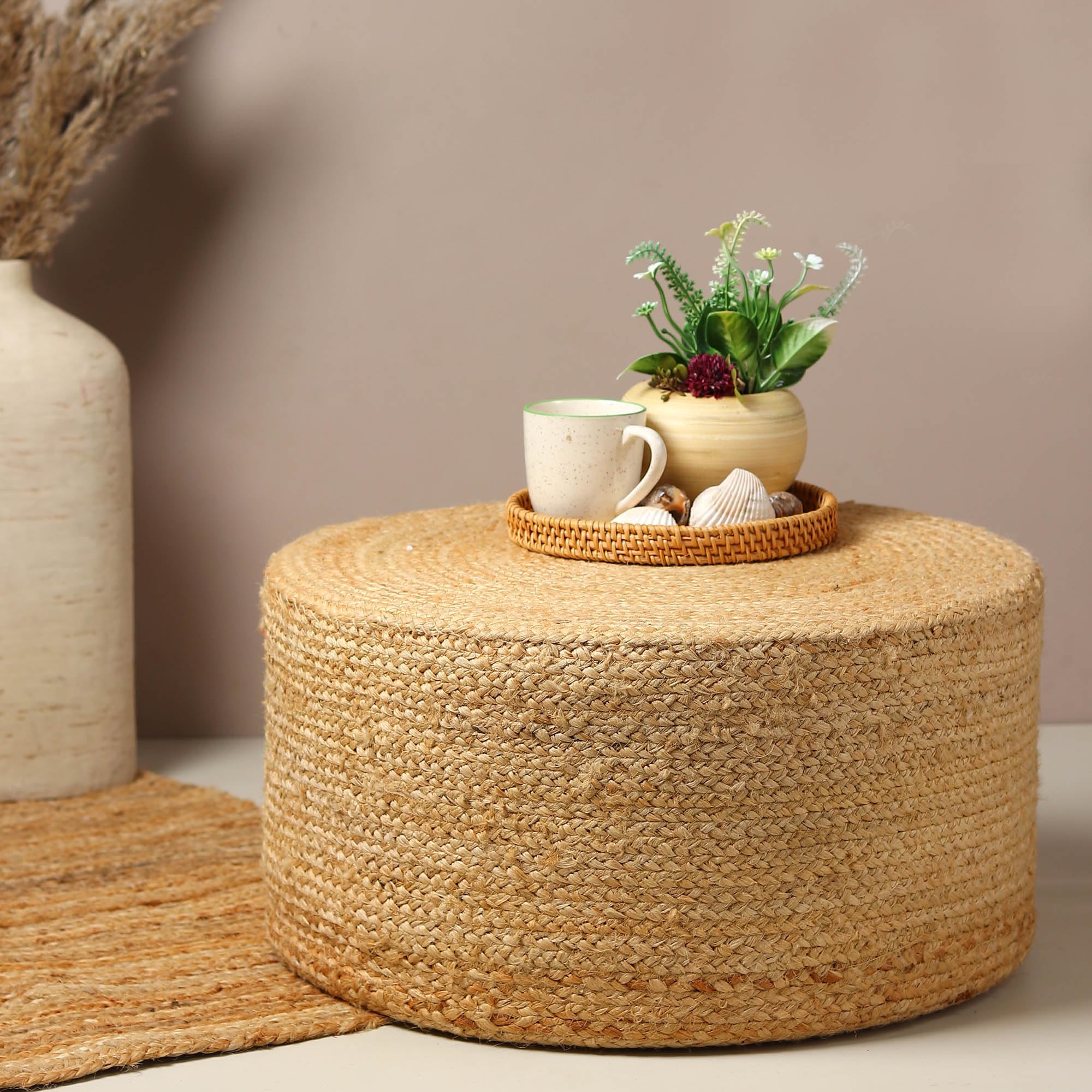 Ottoman | Pouf | Ottomans for Living Room | pouffe Stool | Nesting Stool | Jute pouffes for Sitting - Beige, Round (S: Dia45xH30 cm)
