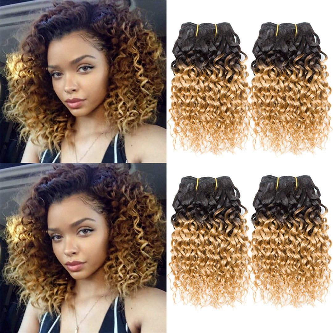 Curly Hair 8 Inches 4 Bundles Short Human Hair Kinky Curly Weave Brazilian Virgin huamn Hair 50G/Bundle (8inchX4, 1B/27#)