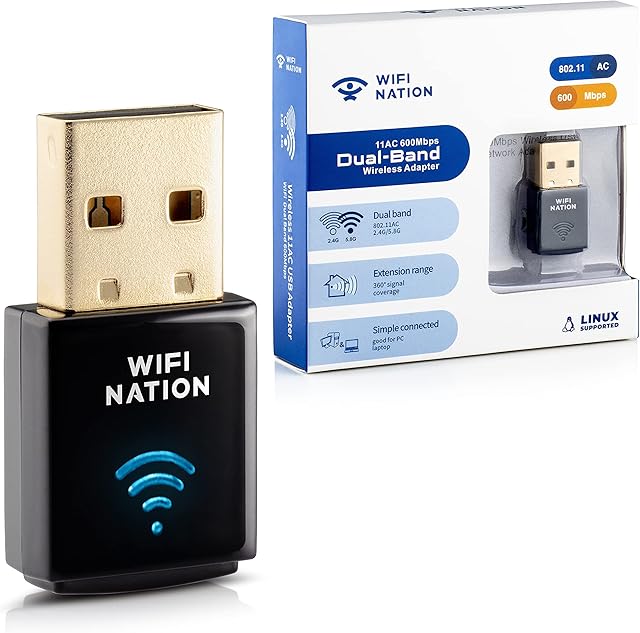 WiFi Nation® WiFI Dongle Mini 802.11ac AC600 USB Wifi adapter, internet dongle. Realtek RTL8811AU, Dual Band 2.4GHz or 5GHz, Windows, macOS and Linux Supported, product model: WN-H2