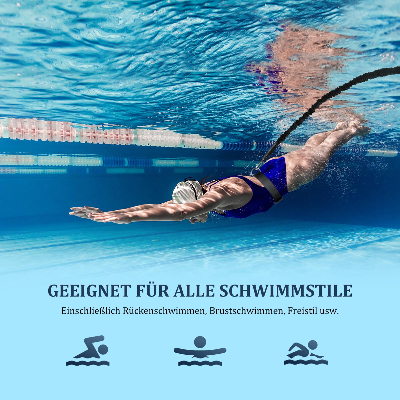 Digiroot Schwimmgurt für Pool 3M-9M einnstellbare Schwimmwiderstand Gürtel Schwimmtrainer Schwimmhilfe Gürtel Leine für Erwachsene Kinder Schwarz