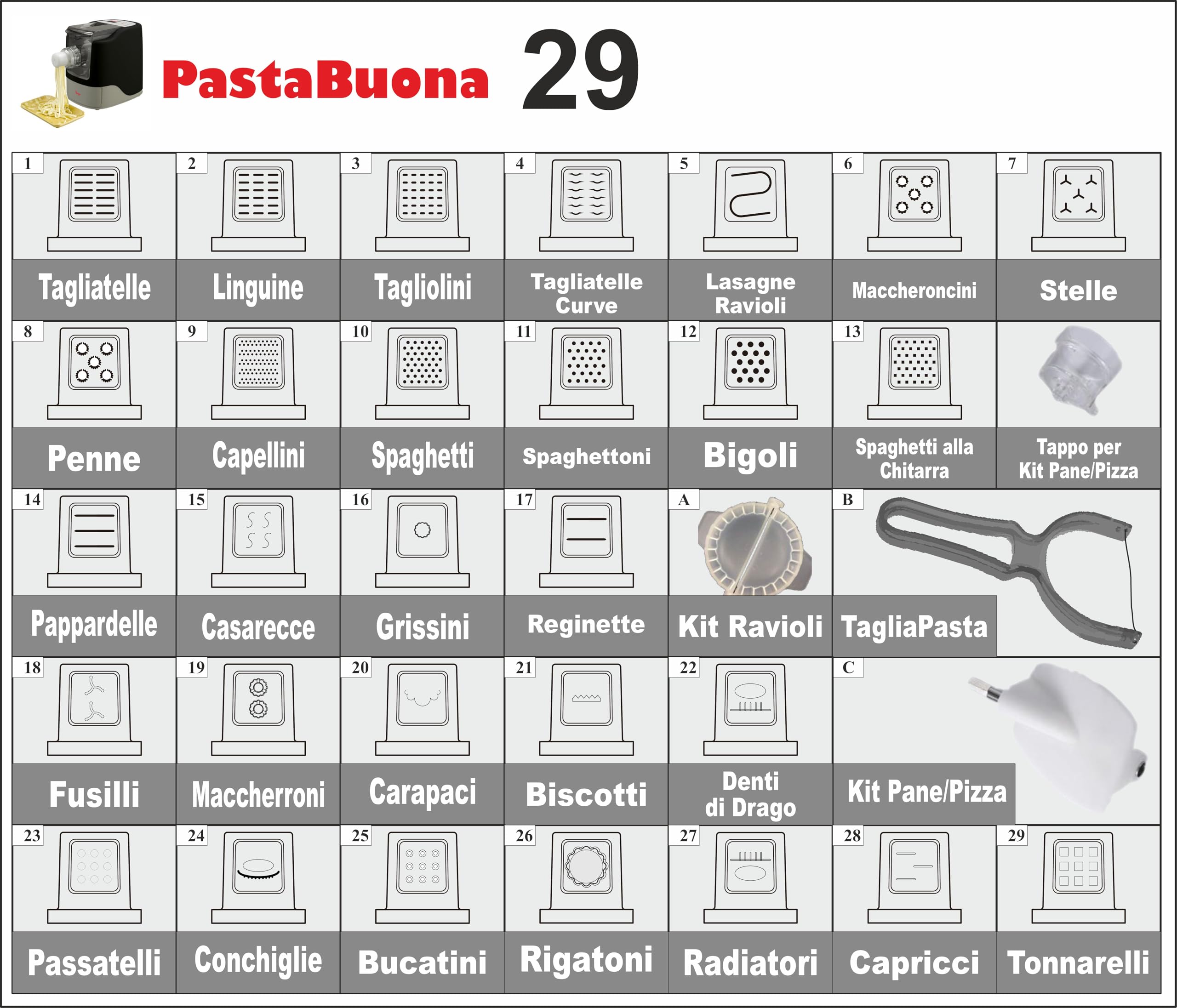 Sirge PASTABUONA – Macchina per Pasta Fresca Automatica 260W | 29 Trafile + Kit Pane e Pizza | Capacità 720g | Estrusione Verticale Anti-Appiccico | Facile da Pulire | Ricettario Incluso