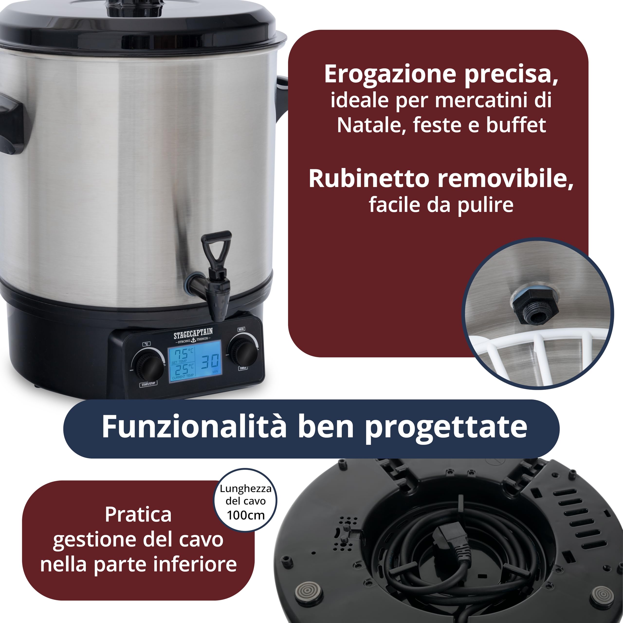 Stagecaptain GWK27D Scaldavino 27 L per vin brulé, bevande calde, marmellate, frutta e zuppe — 2000 W, acciaio inox, regolatore temperatura, timer, spegnimento automatico, display LCD