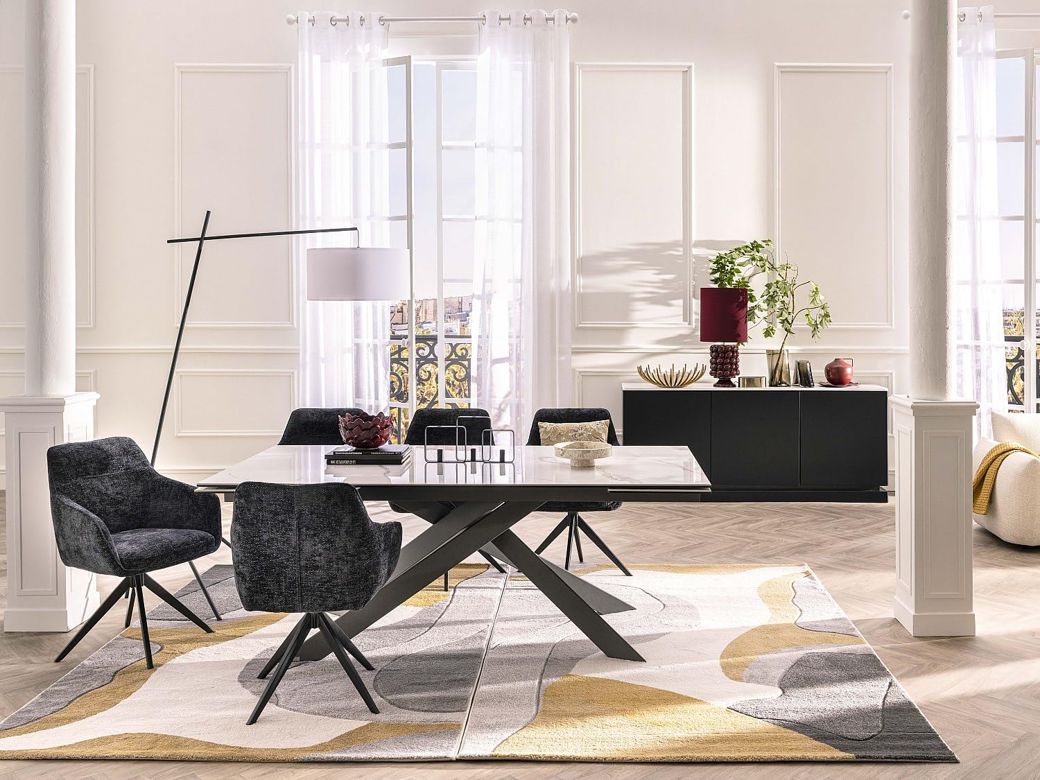 PASCAL MORABITO Vente-Unique - Buffet 3 Portes avec LEDs en MDF - Noir et Effet marbre Blanc - DEVIKA