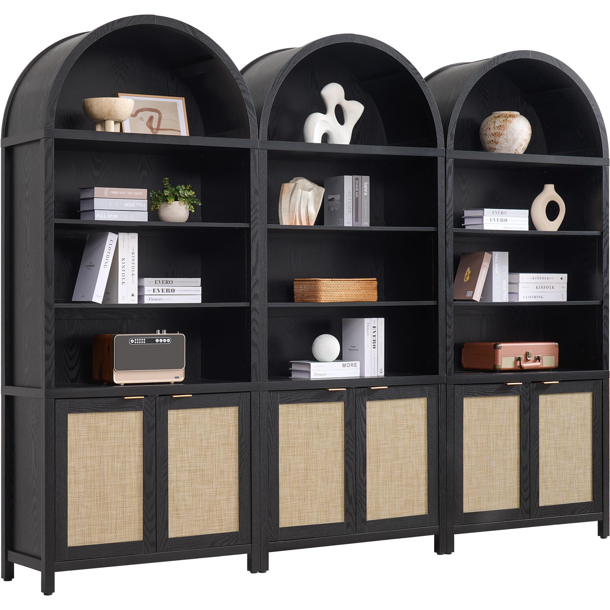 SICOTAS Book Shelf Arched Cabinet Bookshelf Arch 84.2" Tall Bookcase 5 Tier Large Bookshelves with Doors Storage Rattan Boho Wide Book Shelves Case