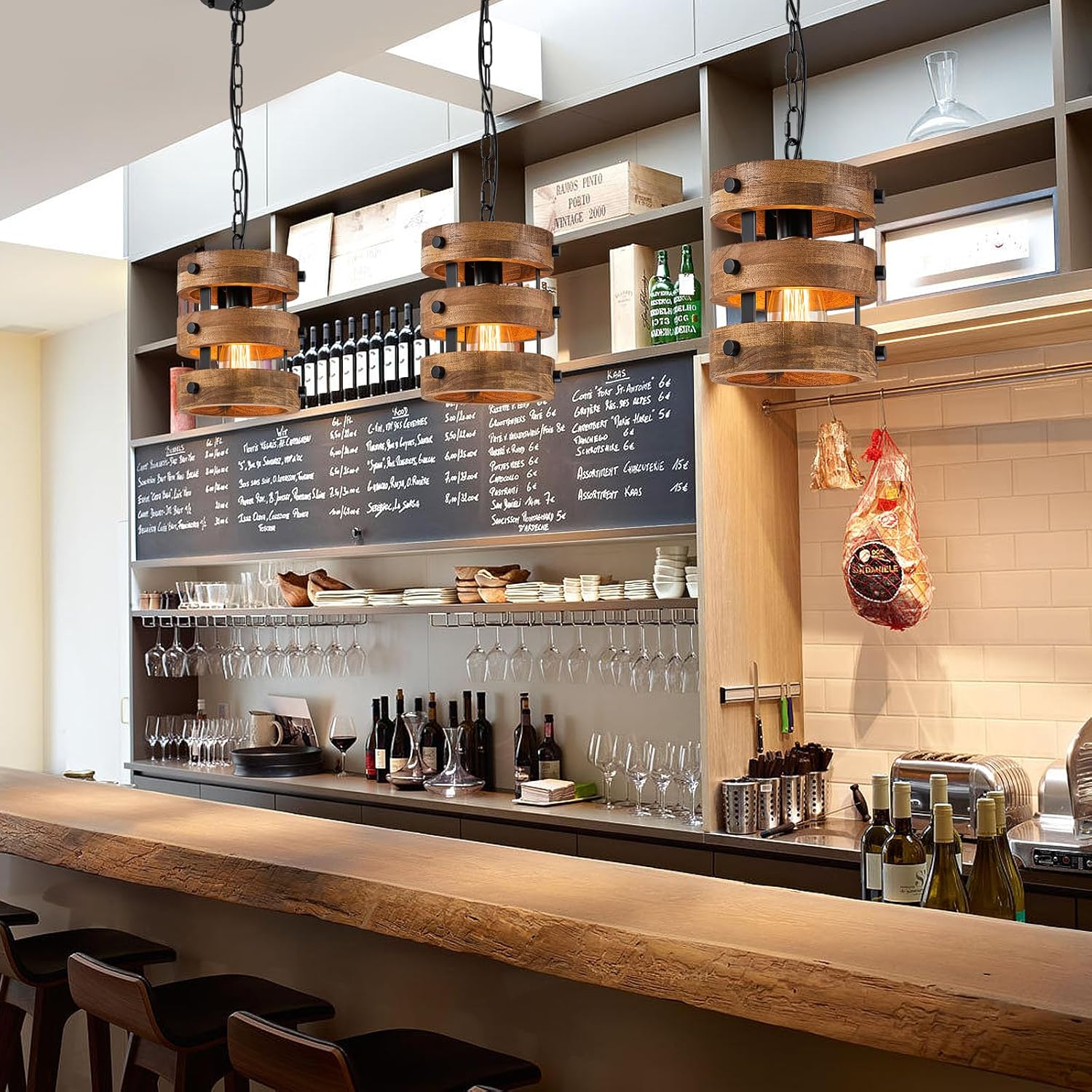 Farmhouse Dining Room Light Fixture, Retro Industrial Metal and Wood Chandelier, Rustic Pendant Lights Kitchen Island for Foyer Hallway Bar Restaurant, D 7.9" x H 8.7"