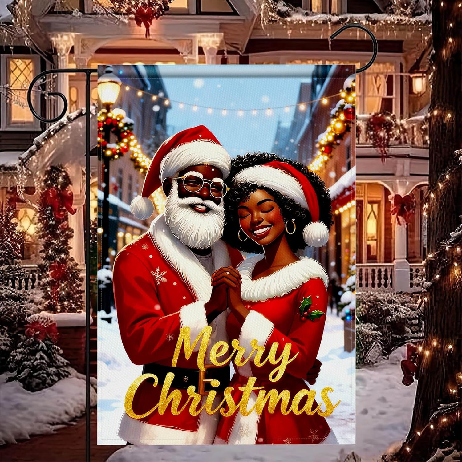 Merry Christmas African American Black Santa Garden Flag 12x18 Inch Double Sided Santa and Mrs Claus Couple Flags Holiday Outdoor Winter Yard Banner Christmas Welcome Flag - Image 8
