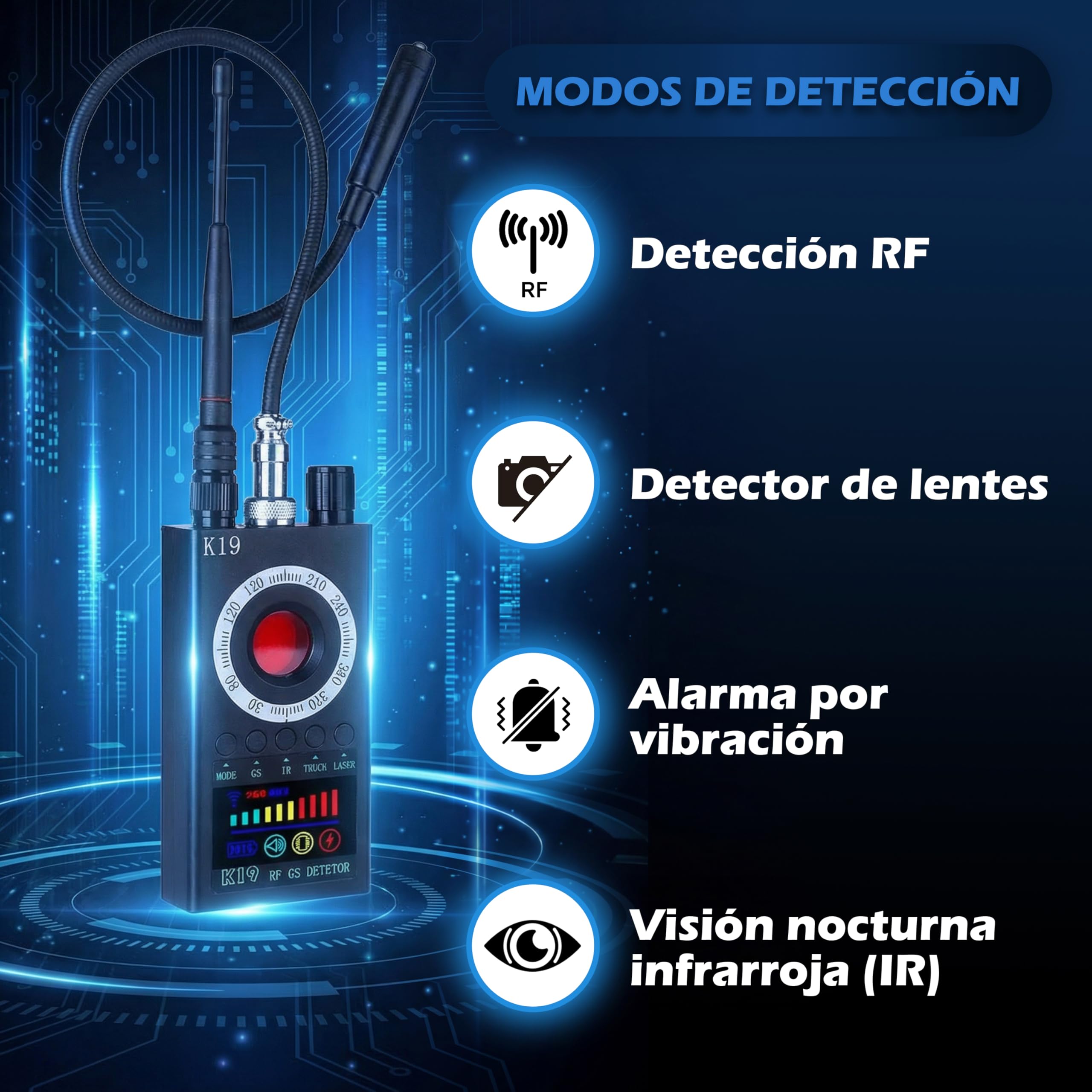 Detector Antiespía K19+ 2026, 7 en 1, Cámara, Micrófono, GPS + eBook Guía