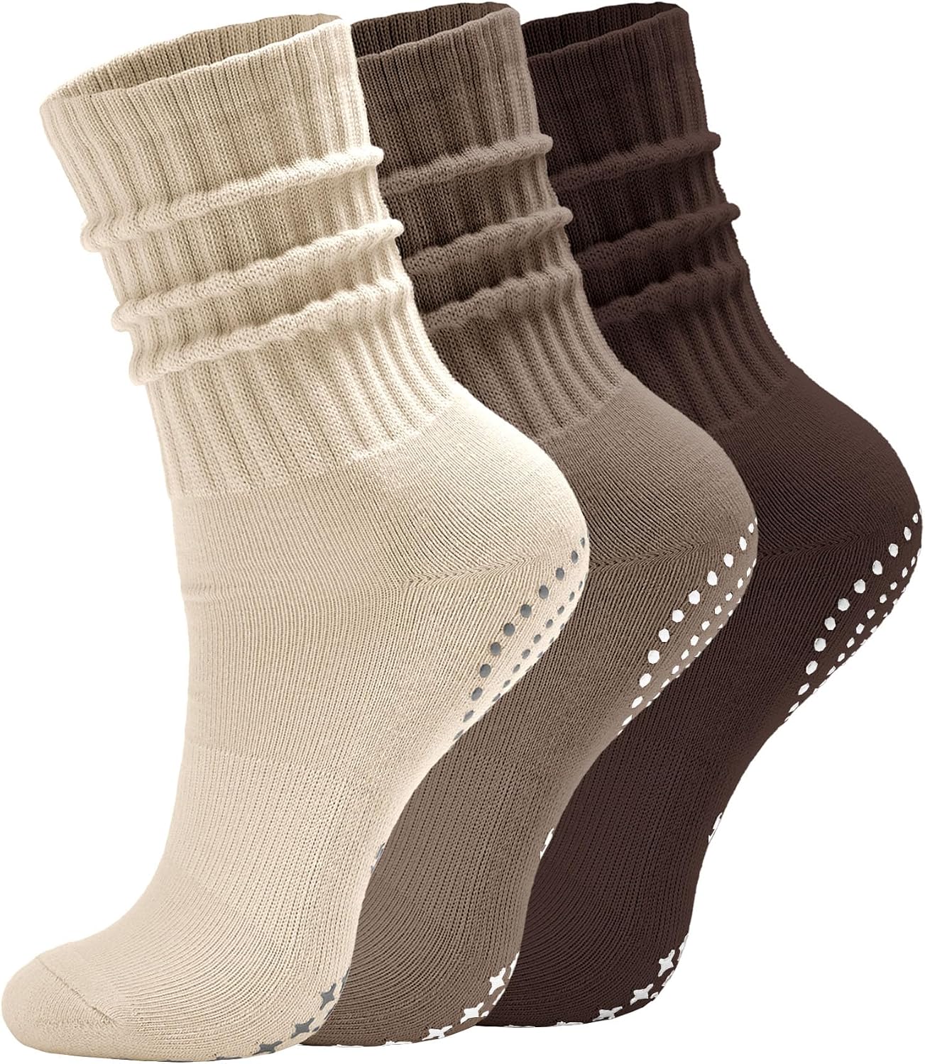 AugRing Scrunch Crew Pilates Socks with Grips for Women – Non-Slip Slouch Yoga Barre Gym Workout Cozy Cotton Hospital Socks
