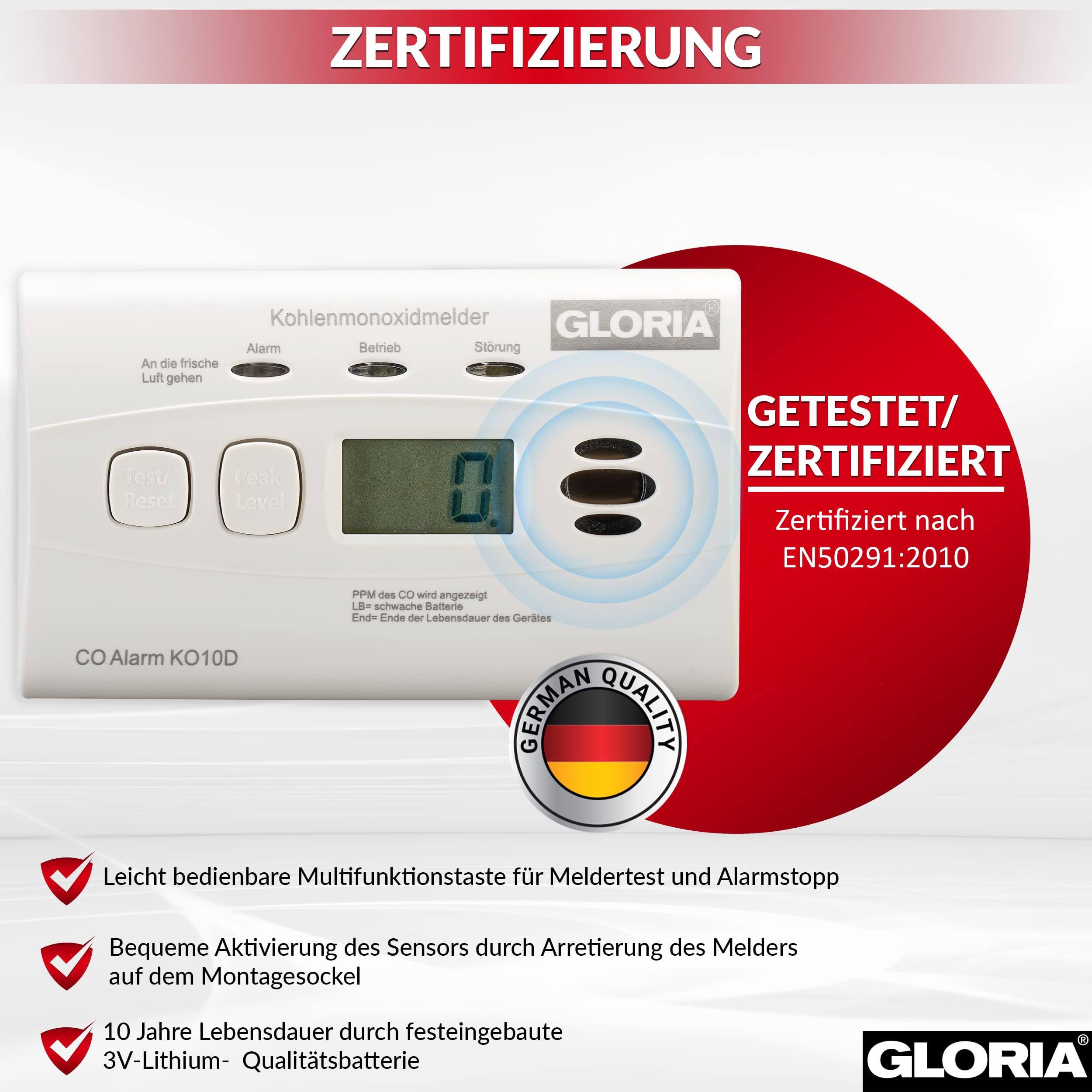 Gloria Kohlenmonoxidmelder KO10D mit 10 Jahren Garantie und fest eingebauter Lithium Batterie