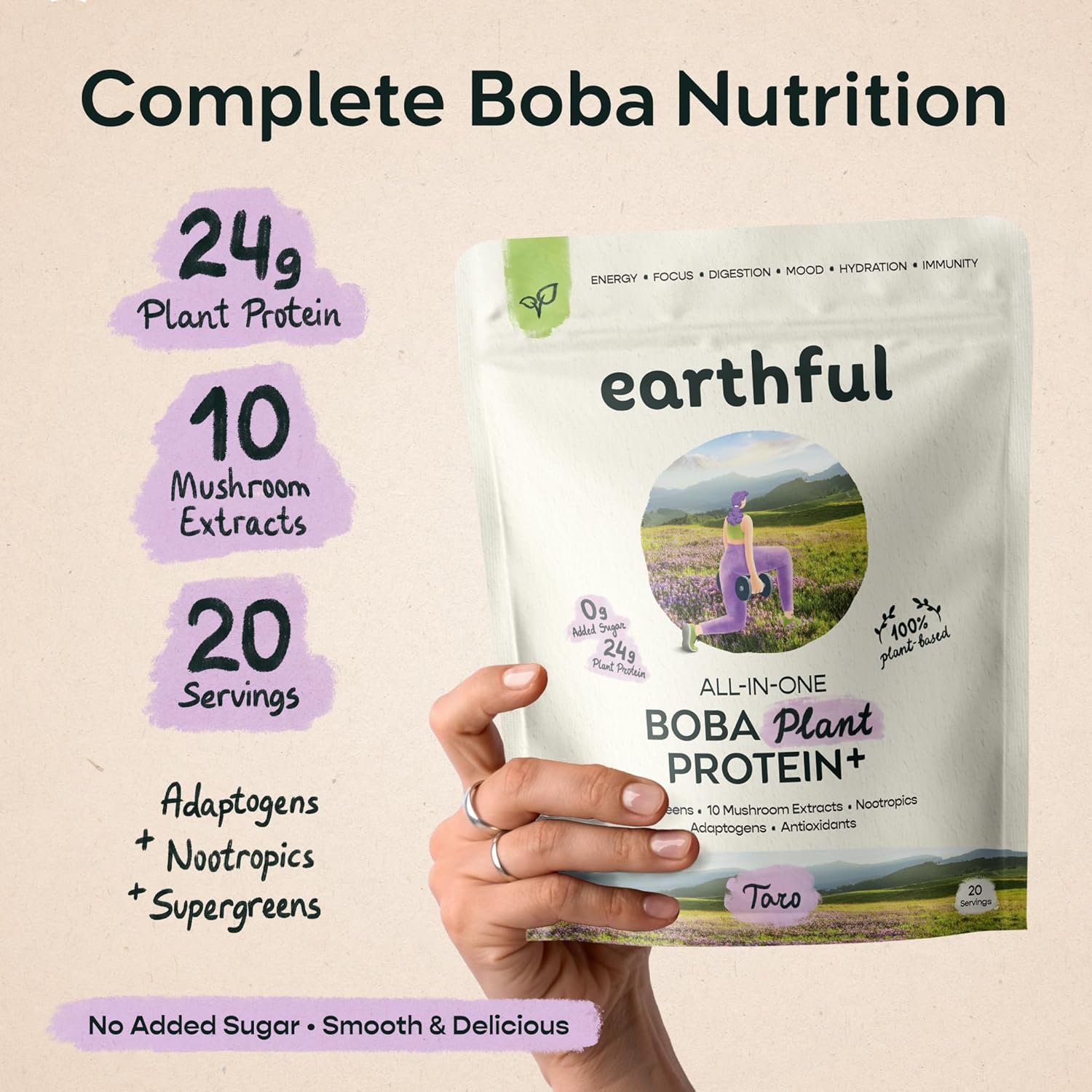 Boba Plant Protein + Vegan Boba Tea Protein Powder with Supergreens, 10 Mushrooms, Adaptogens & Nootropics, No Added Sugar Meal Replacement, 20 Servings (20 Servings, Superior Taro)