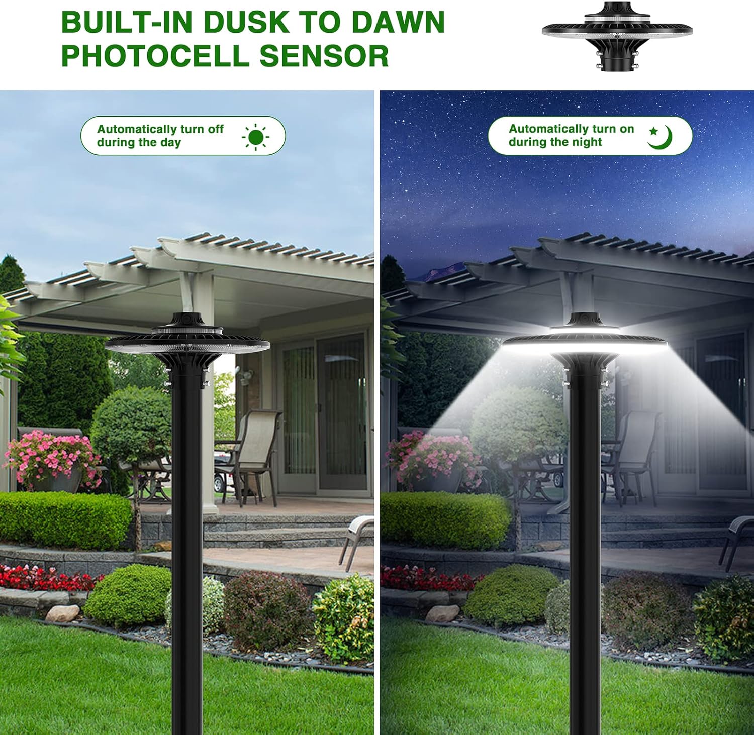 100W LED Post Top Light with Photocell, 14000Lm 5000K Circular Area Pole Lights, IP65 Waterproof Outdoor Post Light Fixtures for Garden Yard Street Parking Lot Lighting UL Listed, AC100-277V