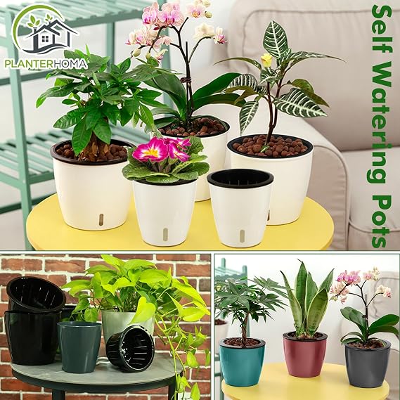 Planterhoma 5インチ セルフウォーターポット 屋内植物用 12パック セルフ散水プランター 蘭 クモの植物 悪魔のツタ アフリカンバイオレット ウォーターインジケーター ブラック 芯ポット ホワイト/ブラック