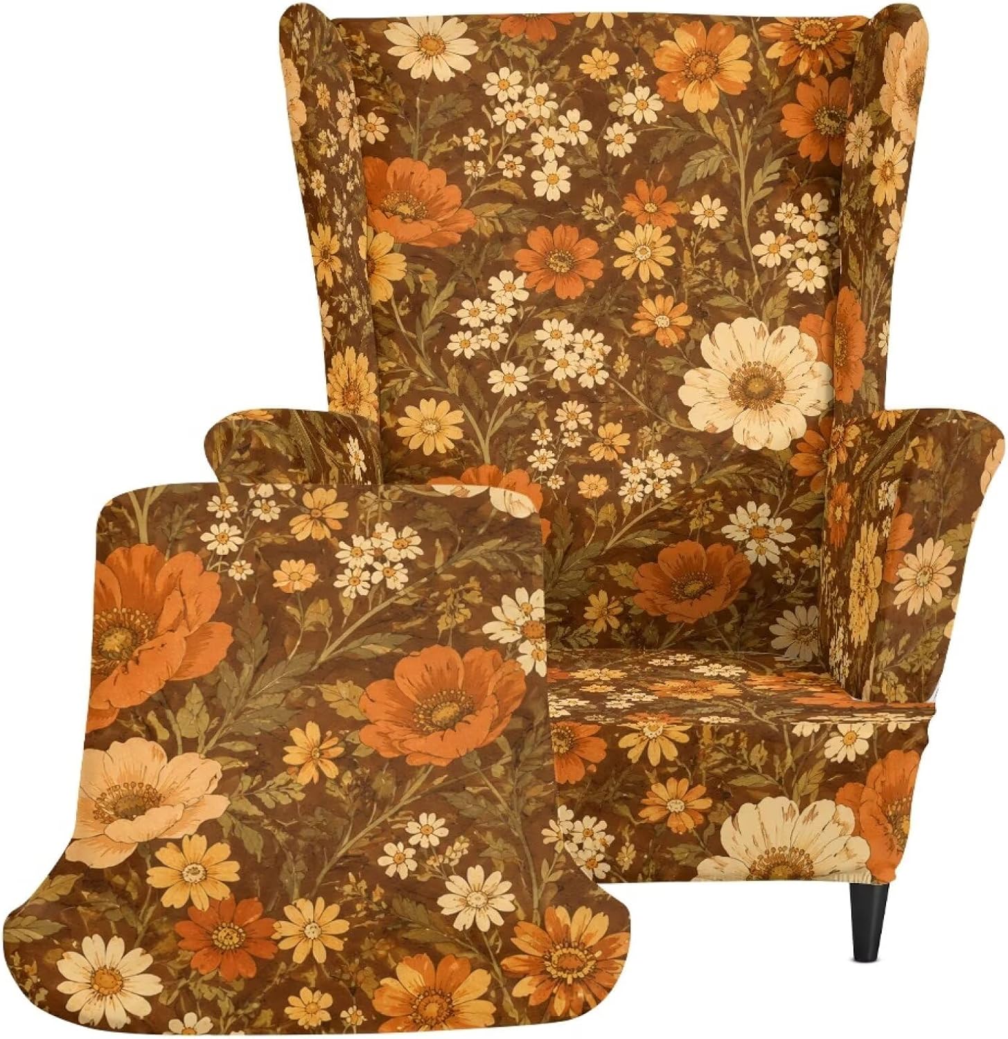 Retro Flower Print Stretch Wing Back Chair Slipcover 2 Pcs Set Wingback Chair Sofa Cover with Elastic Bottom Spandex Fabric Furniture Protector Cover