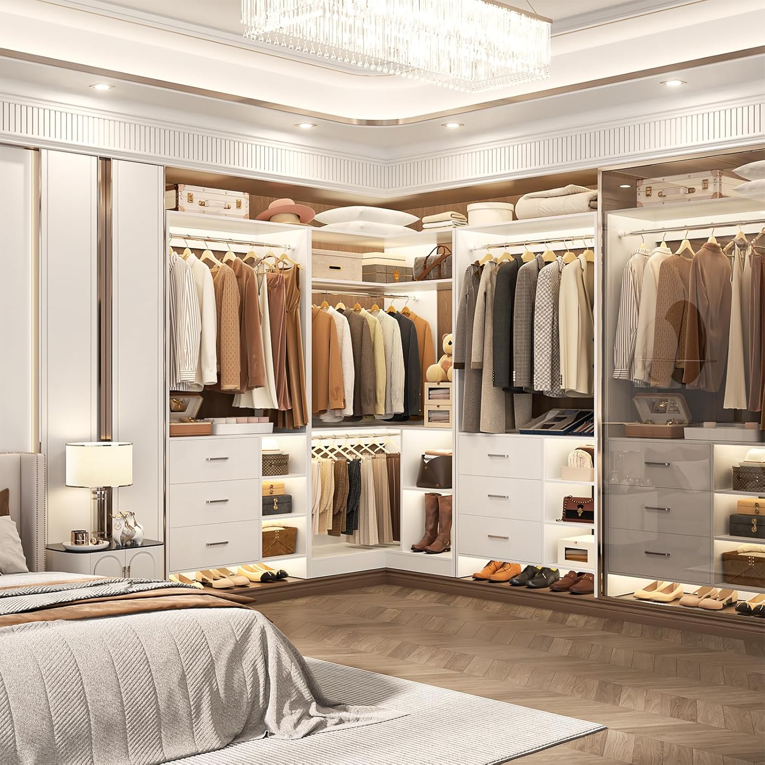 Aheaplus closet system integrated into a modern bedroom, showing organized clothes, shoes, and accessories.