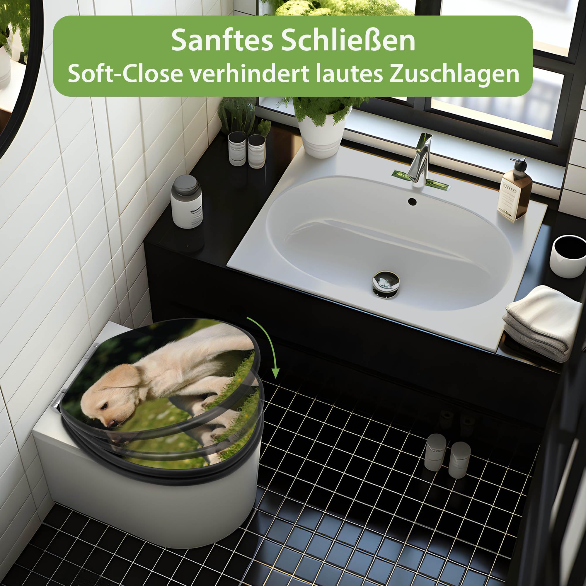banjado WC Sitz Hunde - mit Absenkautomatik - 38 x 46,5cm O-Form - MDF Holz Toilettendeckel anthrazit - Klositz grau pflegeleicht für Badkomfort - Motiv Labrador