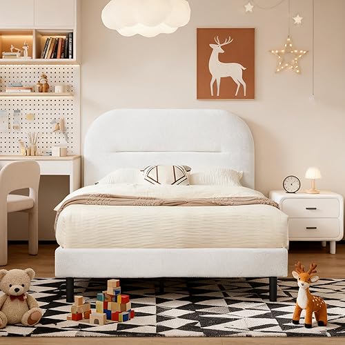 Miniatura 8 de Base de cama de tamaño matrimonial, marco de cama tapizado de tela suave de Teddy Boucle con cabecera ajustable, marco de cama de plataforma con