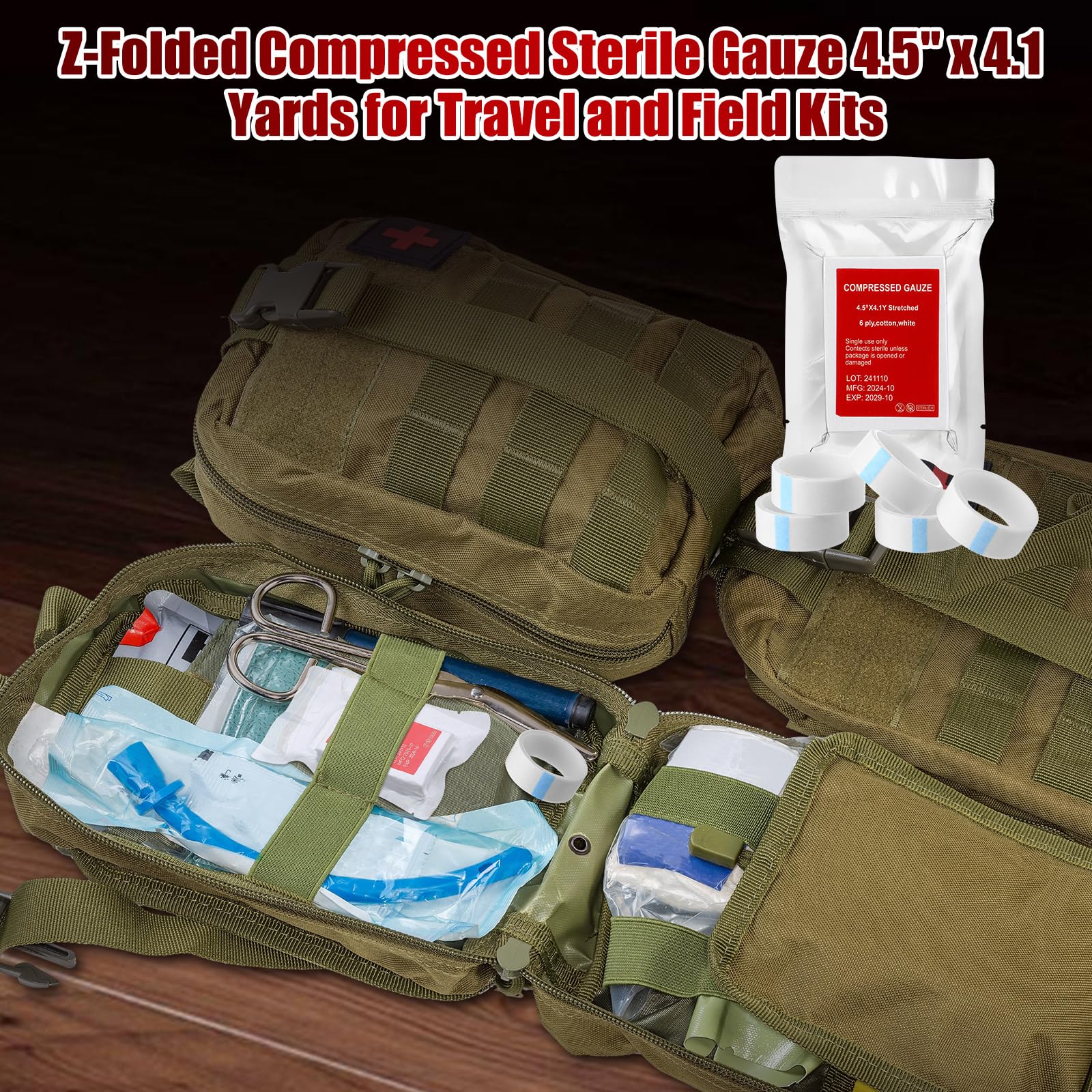 Threlaco Garza sterile piegata a Z, 11,4 cm x 4,1 m, garza compressa per traumi, 100% cotone, 6 strati di cotone bianco per medicazioni di emergenza, kit di pronto soccorso e traumi
