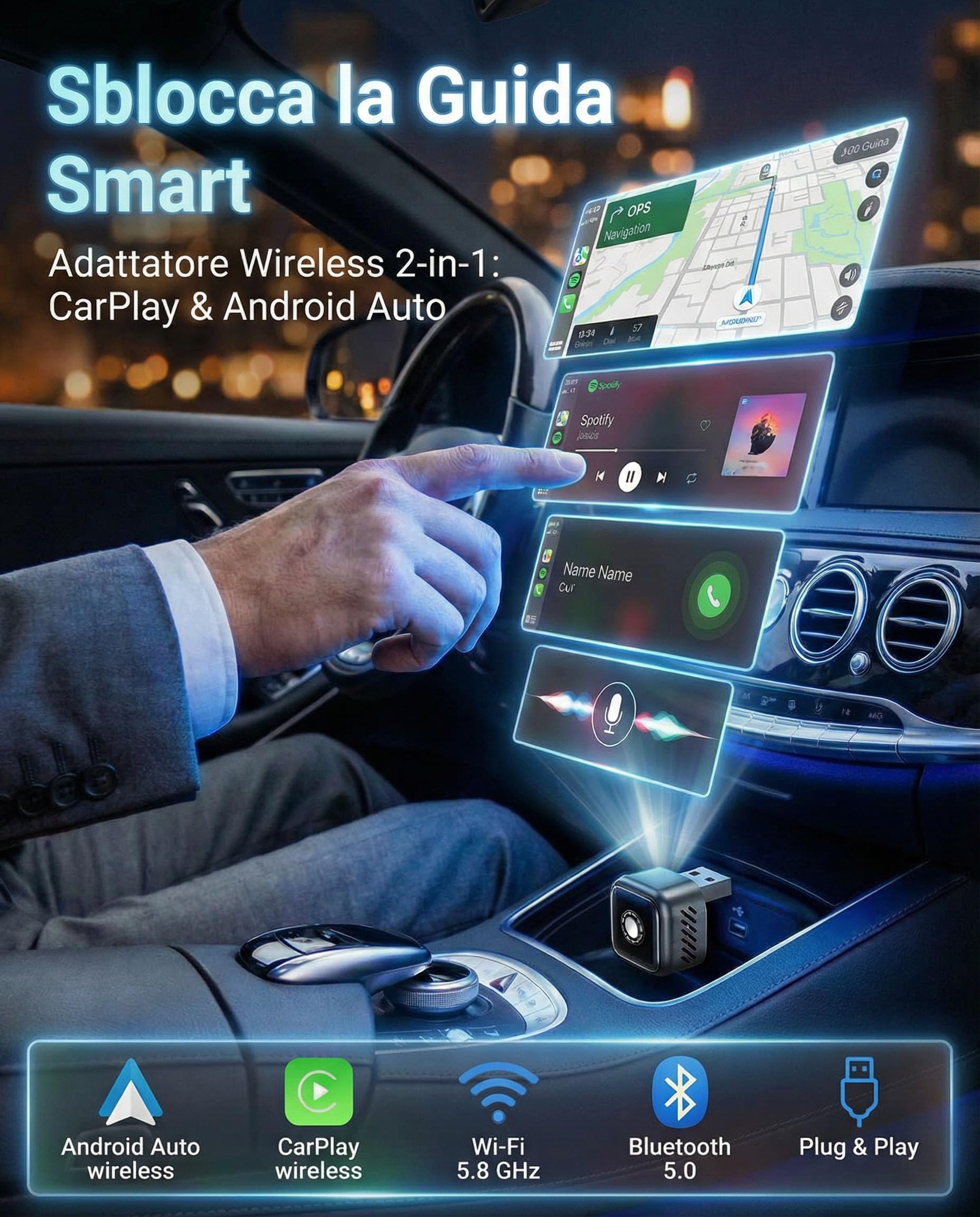 NUOVO 2026 Adattatore CarPlay Wireless & Android Auto 2-in-1, Dongle Mini Wi-Fi 5.8GHz, Corpo in Metallo Dissipante, Funzione One-Click opzionale, Adattatore USB-C Incluso