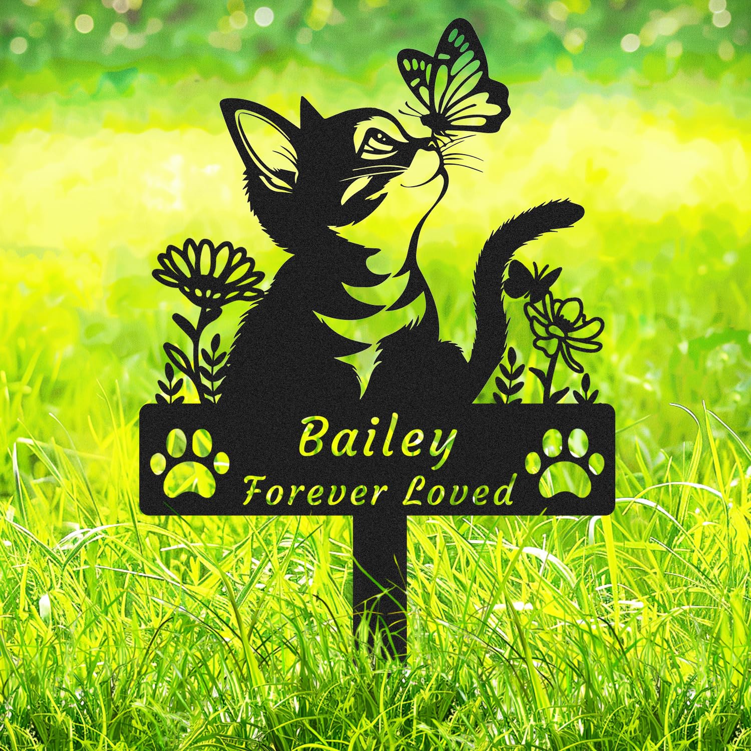 AdtHYUxq Personalized Cat Memorial Grave Marker with Paws, Custom Metal Butterfly Cat Memorial Stake, Customized Flowers Cat Silhouette Statue for Yard Lawn Pet Memorial Plaque Garden Decor Sign