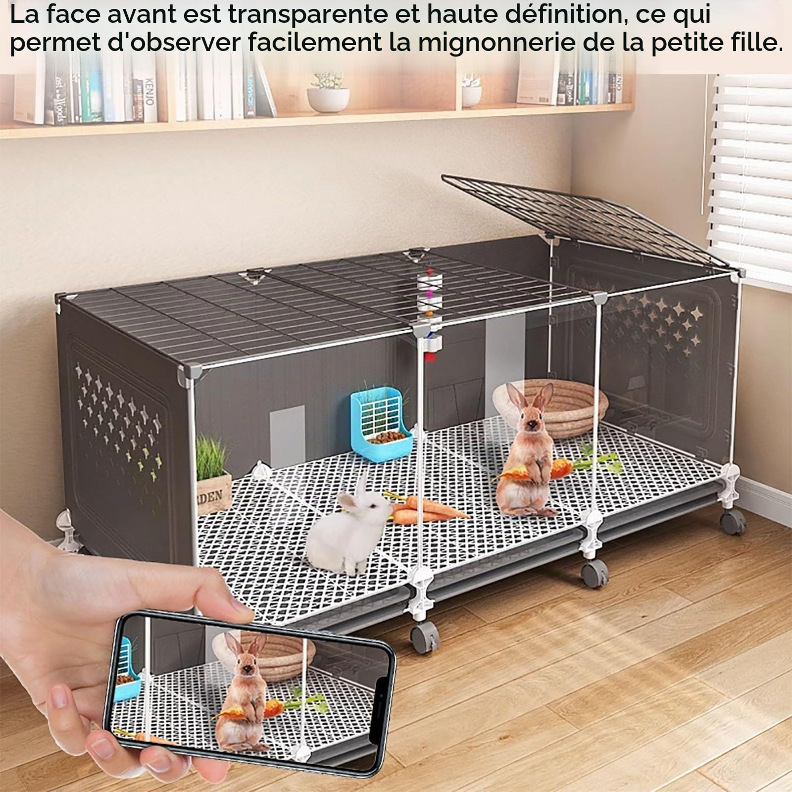 Cage À Lapin D'intérieur, Cage À Lapin De Luxe, Cage À Cobaye, Façade Transparente,(Black,70 * 45 * 45cm)