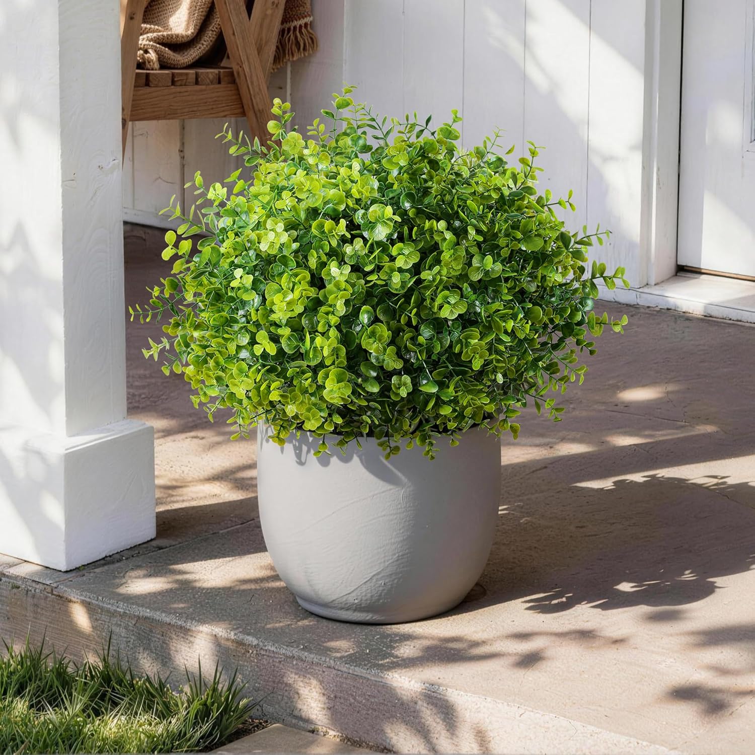 Artificial Faux Outdoor Plants for Spring Summer Decoration, 12 Bundles Fake Plastic Eucalyptus UV Resistant Look Real Fake Plants for Planter Outside Front Door Porch Patio Balcony Garden Indoor Yard