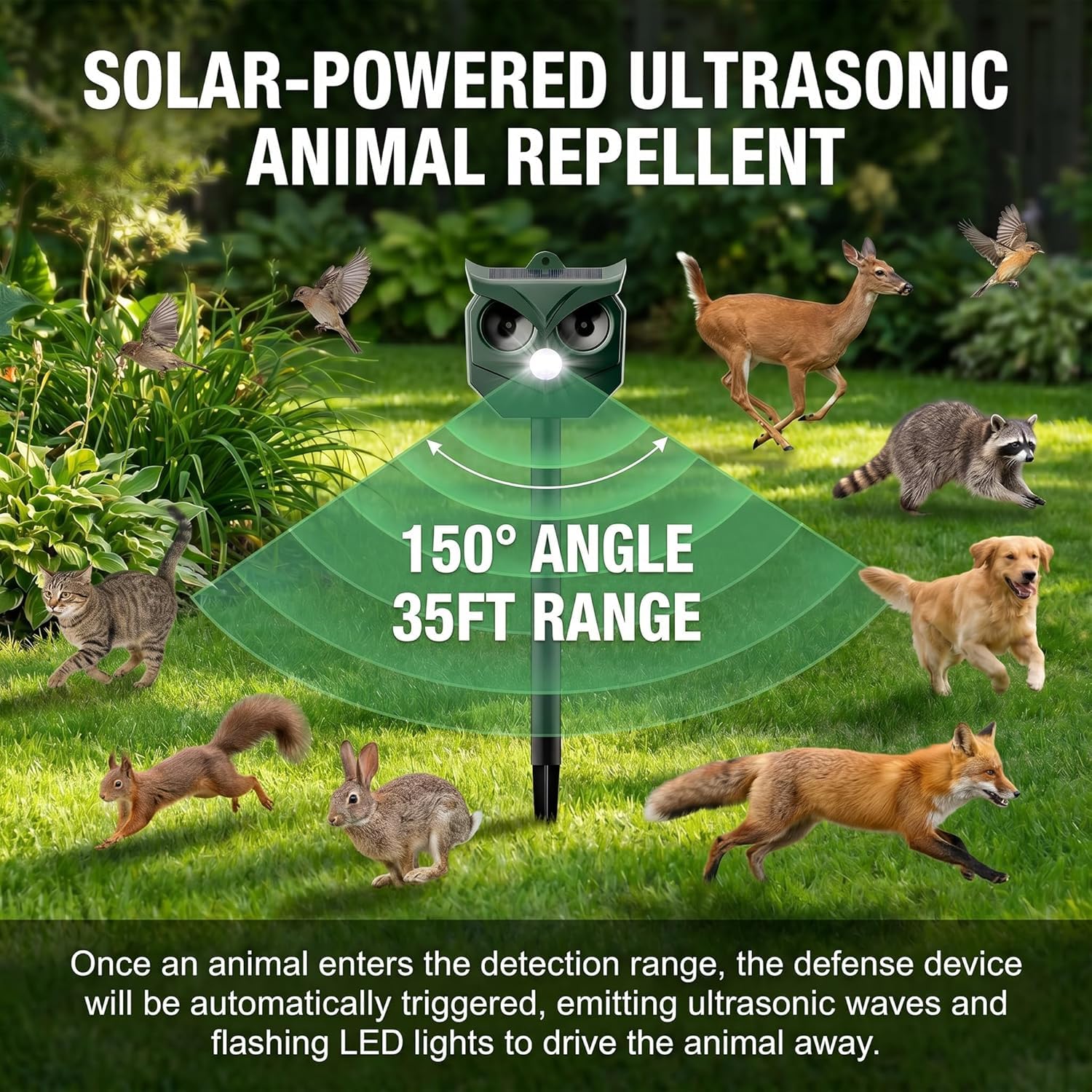Lot de 2 répulsifs à ultrasons solaires pour animaux avec lumières LED clignotantes – dissuasif extérieur pour écureuils, cerfs, ratons laveurs, lapins, mouffettes, chiens – Protège le jardin, la cour