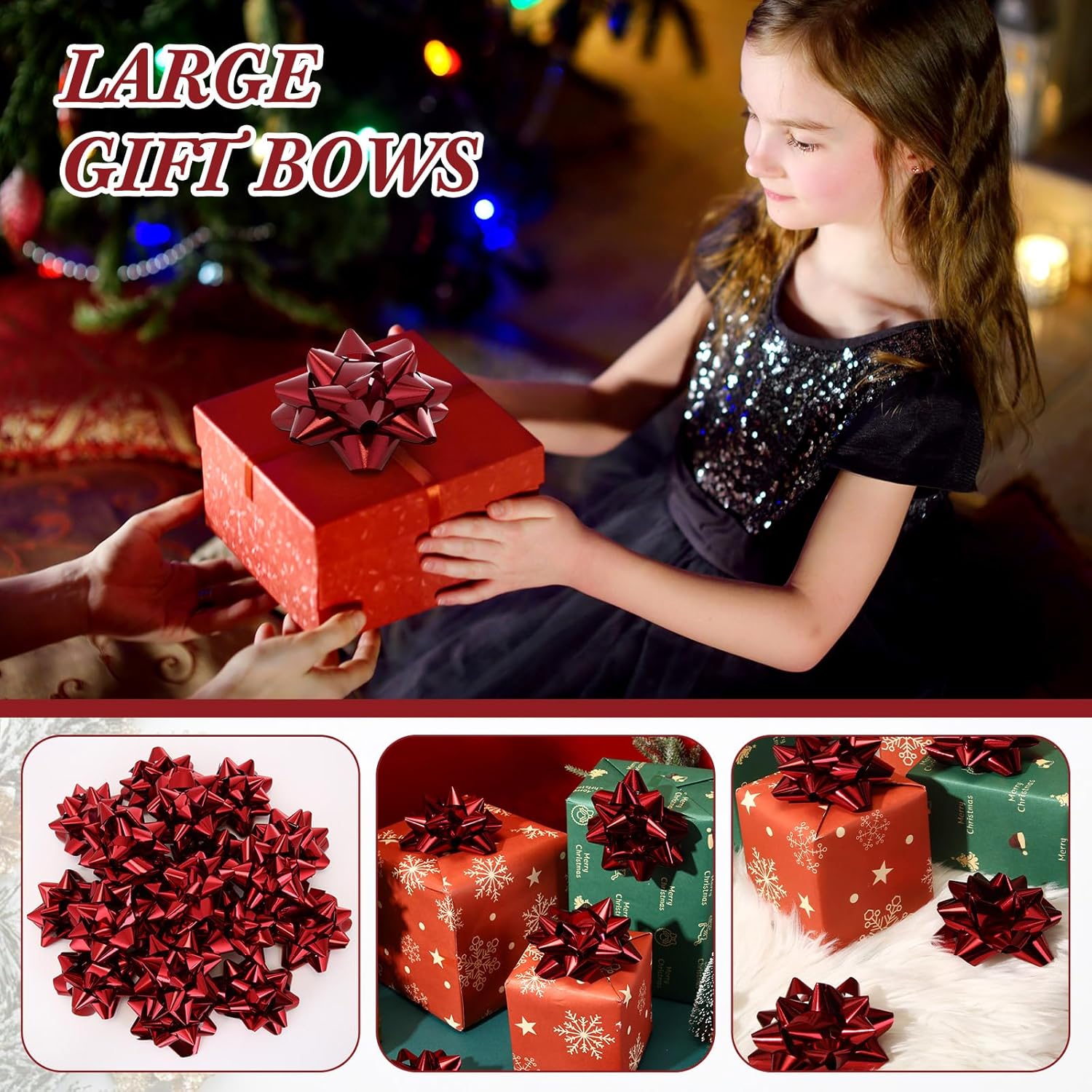 Yilloog 48 Pcs Valentines Gift Bow for Gift Wrapping Star Pattern Bulk 4 Inch Xmas Large Ribbon Bows Self Adhesive Color Star Metallic for Holiday Presents Box(​​Wine Red) - Image 5