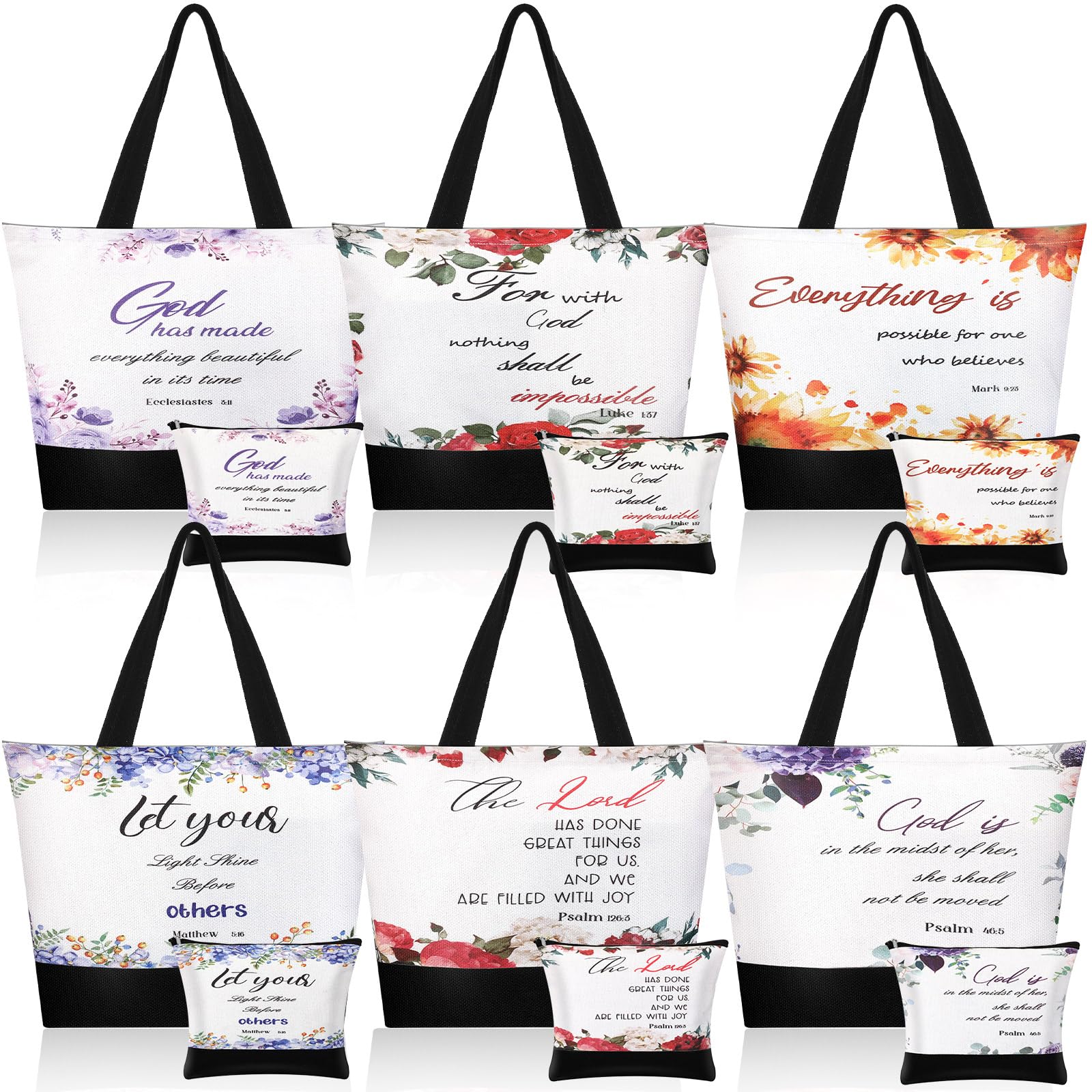 Huhumy 12 Pcs Christian Tote Bag For Women Religious Canvas Tote Bag Bulk Floral Bible Verse Tote Bag with Inspirational Makeup Bags Christmas Gifts