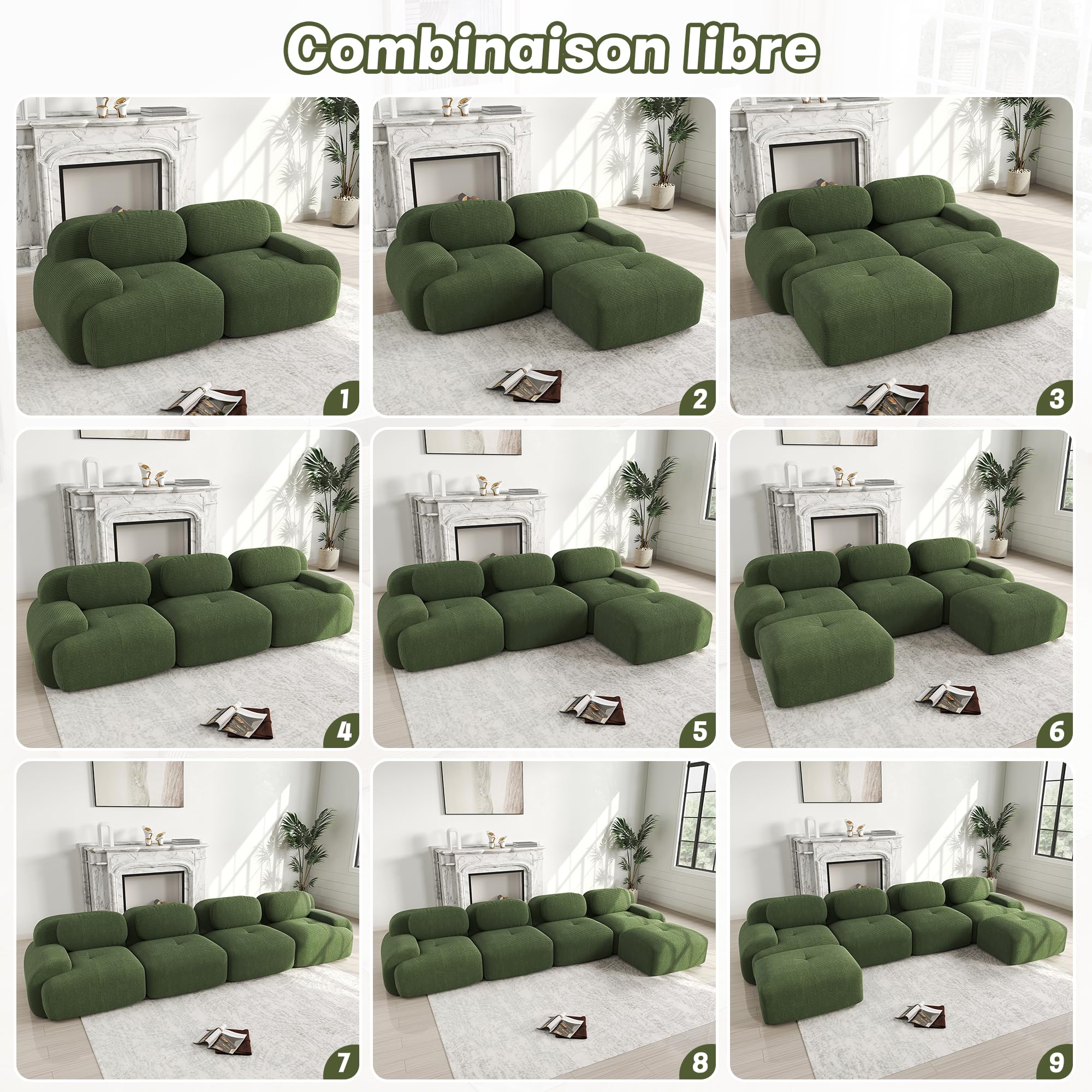 Canapé d'angle convertible moderne de 208 cm avec pouf, canapé modulaire en velours côtelé en forme de L, canapé compressé 2 à 4 places pour salon, assise extra profonde, aucun assemblage requis