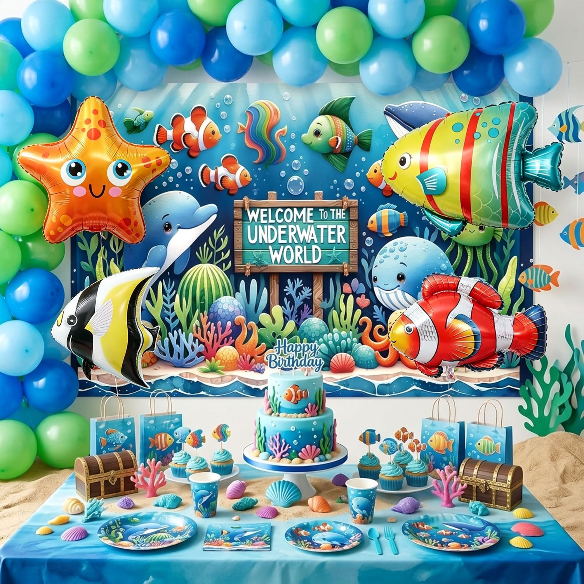 Under the Sea Happy Birthday Banner Garland Ocean Animal Balloons