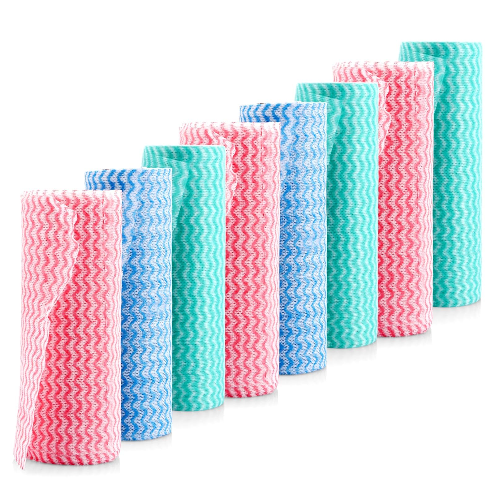 8 rotoli di panni riutilizzabili per la pulizia, salviettine usa e getta, salviettine igieniche, biodegradabili, in tessuto non tessuto, 360 pezzi (rosso, blu, verde)