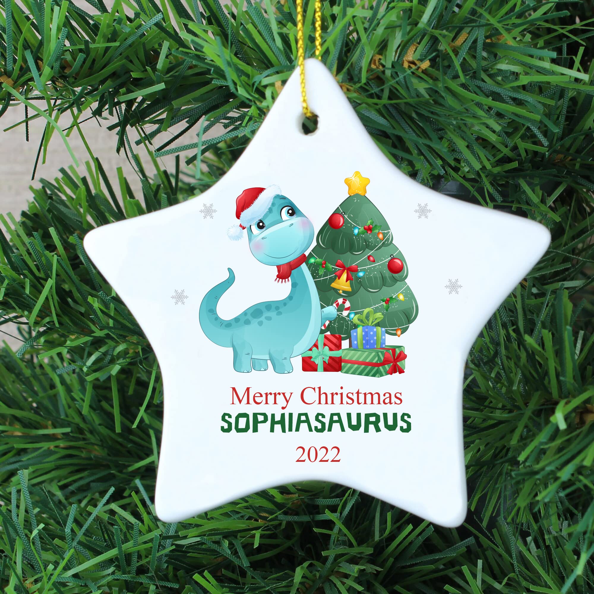 Personalized Dinosaur Christmas Ceramic Ornament - Custom Dinosaur and Name, Cute Dinosaur Ornament, White