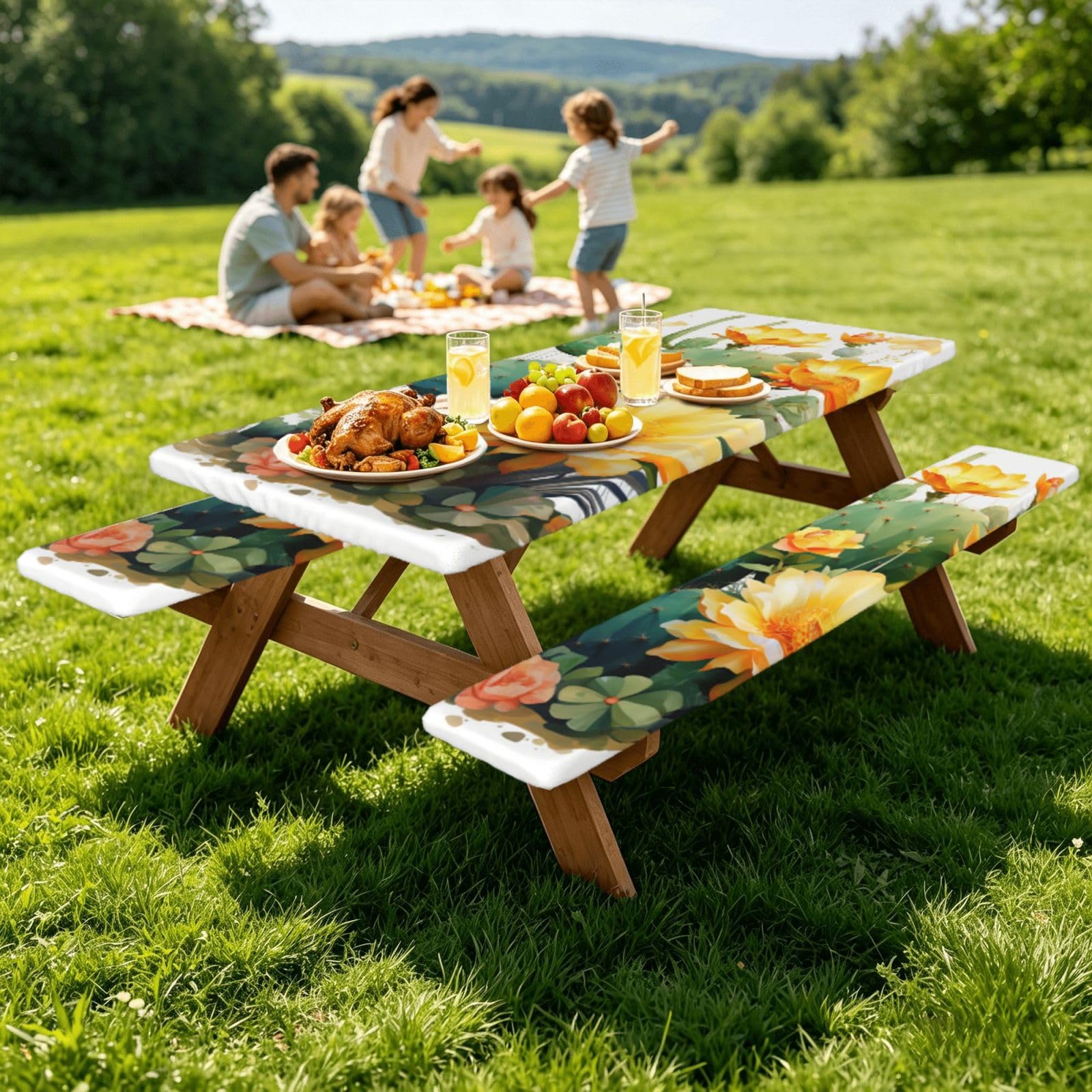 Nappe de pique-nique ajustée avec housses de banc, nappe élastique, imperméable, pour camping, extérieur, 183 cm