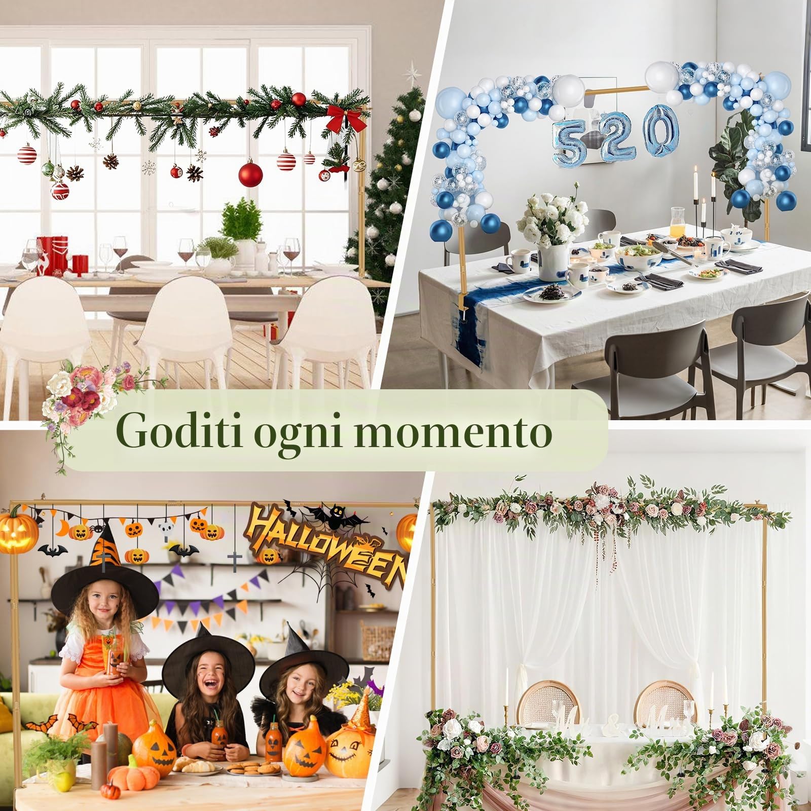 Arco da Tavolo Estensibile, Asta Decorativa da Tavolo con Clip, 120-260 cm, Asta Metallica per Appendere al Tavolo per Natale, Matrimonio, Compleanno, Decorazione per Feste Oro