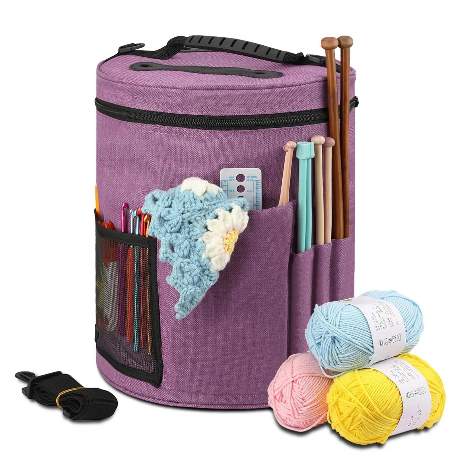 ZWCSHUU Sewing Organizer Bag Large Capacity Crochet Bag: Yarn Storage, Knitting Needle Organizer, Tote Bag with Front Pocket for, Hooks, Needles(Purple)