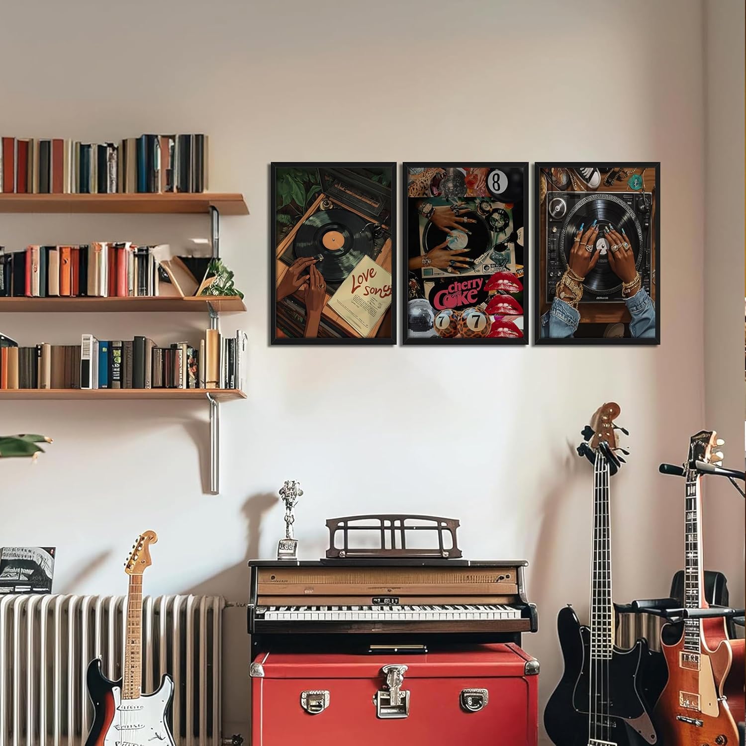 Framed Black Woman Music Wall Art Set of 3, Vintage Vinyl Record Canvas Wall Decor Paintings, Trendy African American Posters Prints Pictures for Bedroom Living Room 16x24 Inch Black Record Framed 24L" x 16W"