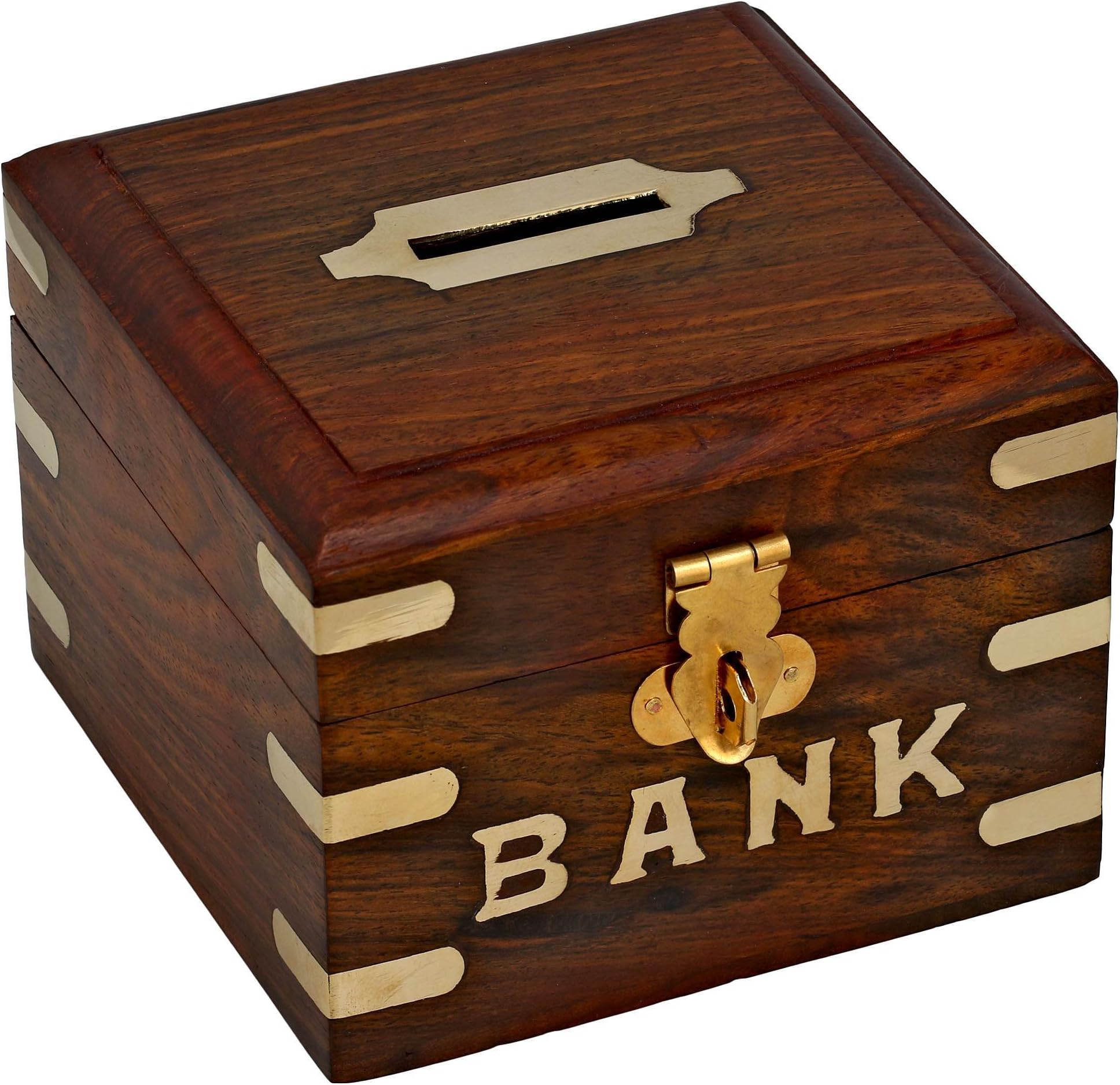 Wooden Money Box 4 x 4 x 3 Inch Lockable Piggy Bank Coin Chest