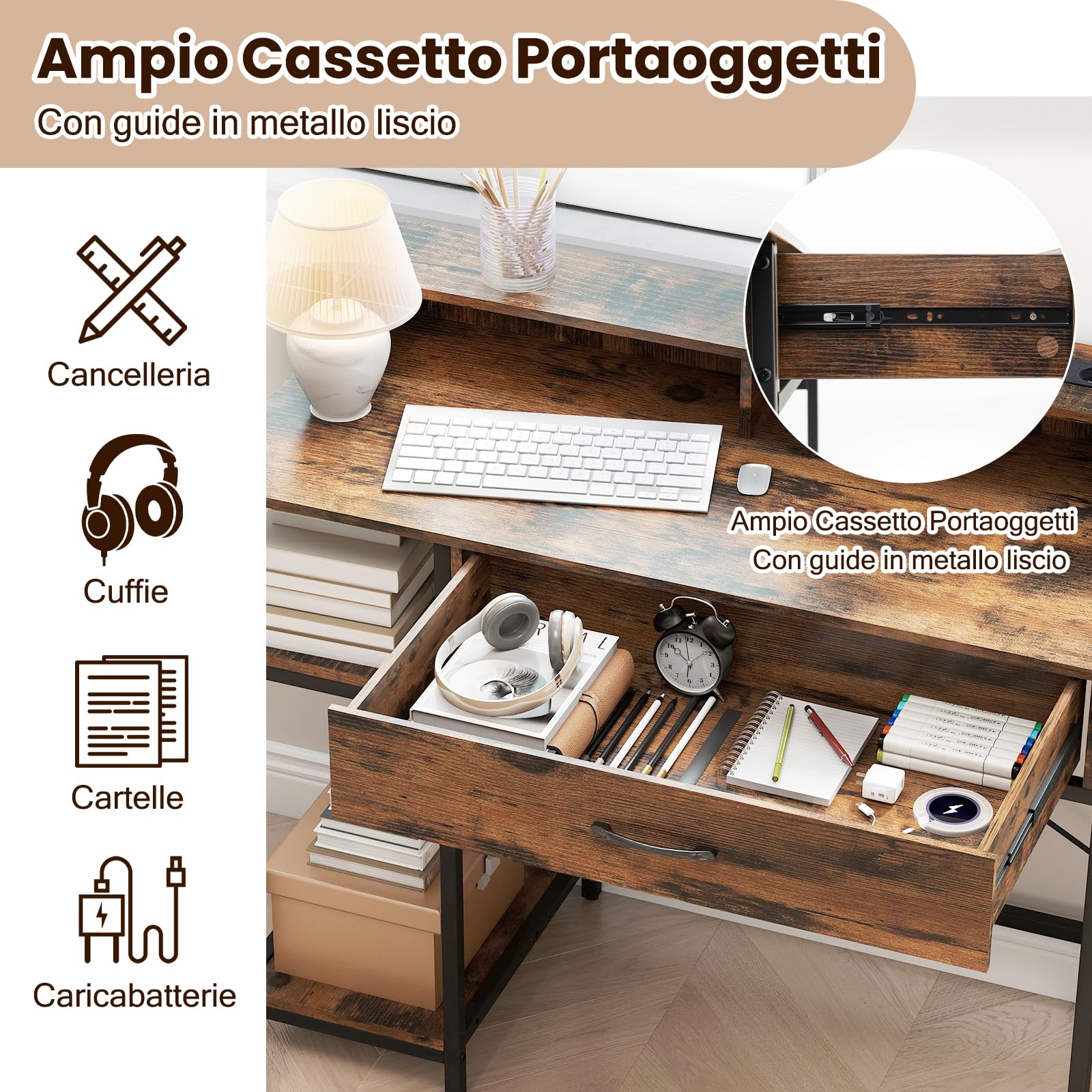 COSTWAY Scrivania Salvasapzio per Computer con Stazione di Ricarica 106 x 48 cm, Mensola sopra Tavolo, Cassetto e Libreria Laterale a 2 Ripiani, Tavolo Industriale per Ufficio e Casa (Marrone Rustico)