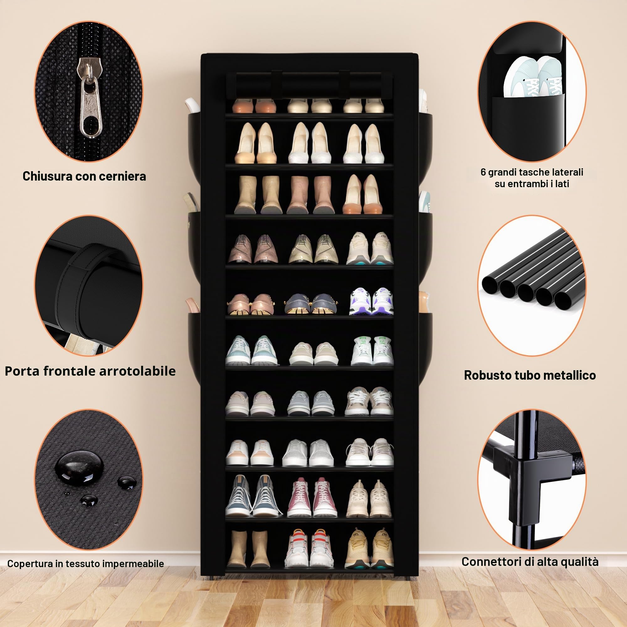 OYREL Scarpiera con coperchio, 10+1 livello, 36-41 paia con 6 tasche laterali | Salvaspazio antipolvere grande capacità di stoccaggio scarpe per armadio ingresso, robusto organizer per scarpe scaffale nero