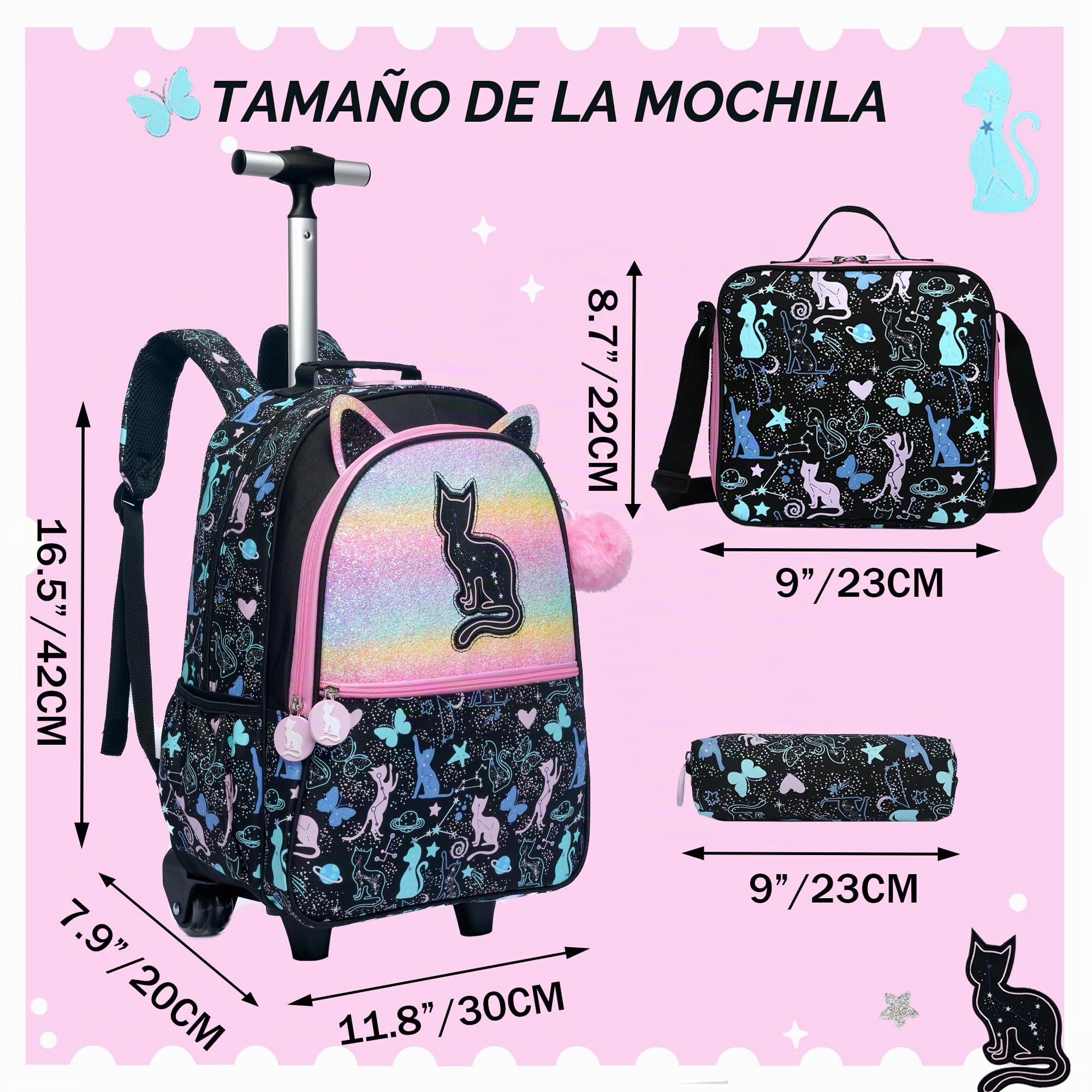 Meetbelify Linda mochila con ruedas para niñas de 8 a 10 años, con ruedas, para estudiantes de primaria, preescolar, equipaje de viaje 3 en 1, 01 Gato, Moderno