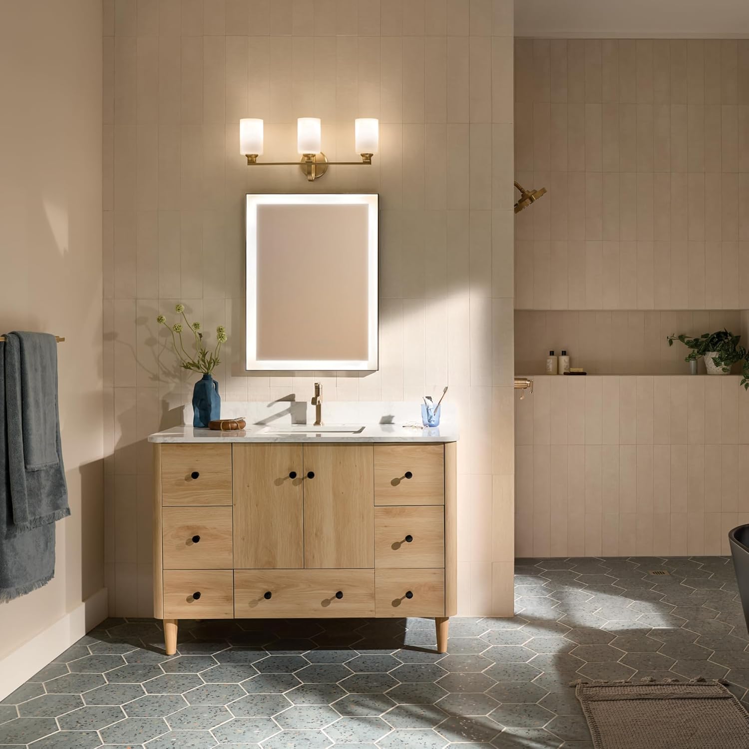 Kichler Gioe 24.25" 3-Light Vanity Light with Opal Glass in Champagne Bronze, Damp Rated, for Bathroom, Powder Room, Over a Mirror, (24.25" W x 10.5" H), 55226CPZ