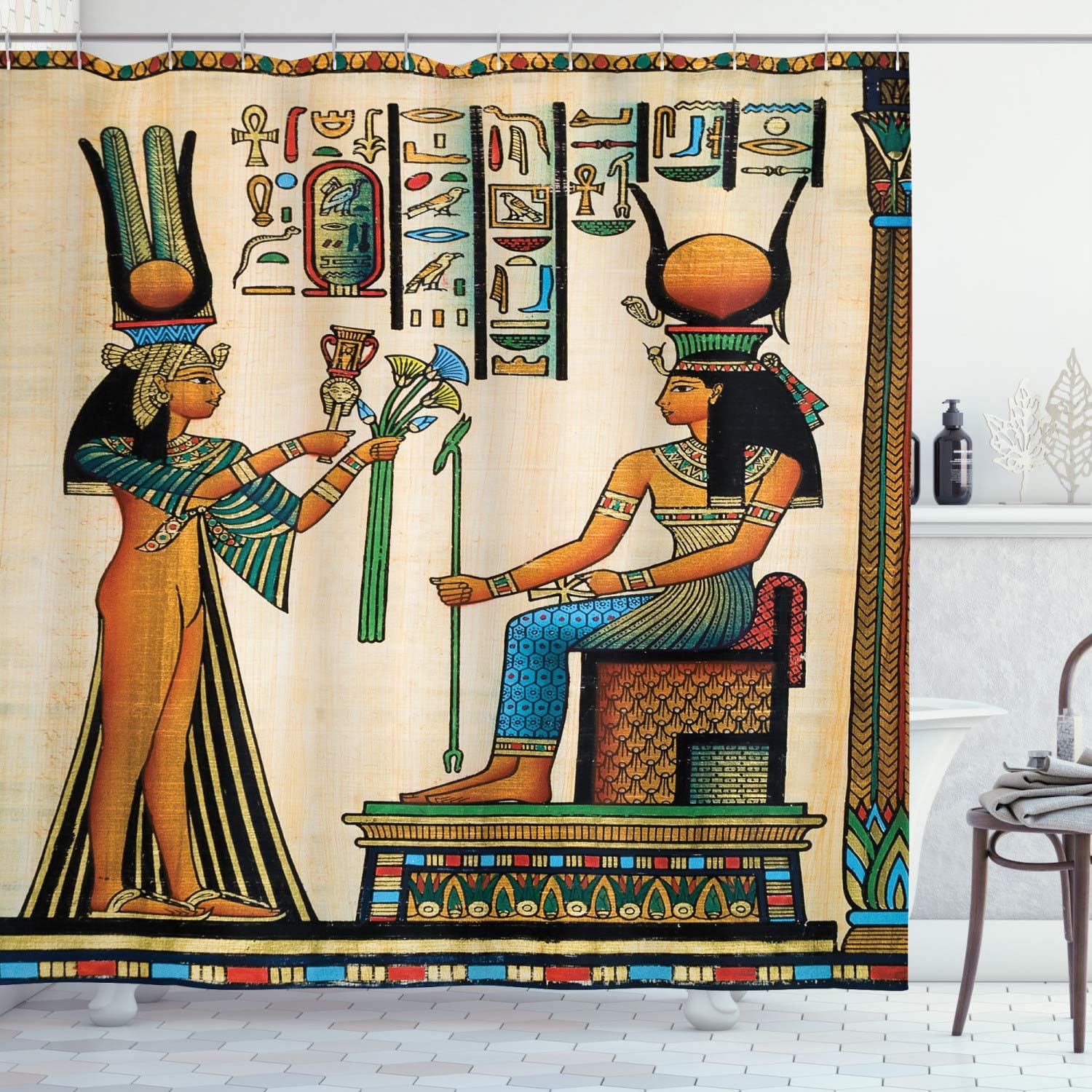 Ambesonne Egyptian Print Shower Curtain, Old Papyrus Depicting Queen Nefertari Historical Empire Art, Cloth Fabric Bathroom Decor Set with Hooks, 69" W x 70" L, Burnt Orange Eggshell Green