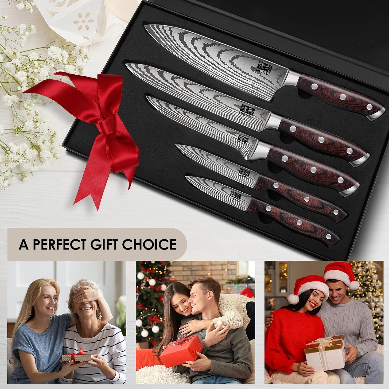 SHAN ZU Japanese Chef Knife Set 5 PCS, High Carbon Stainless Steel Ultra Sharp Kitchen Knives for cooking, Professional Chef Knife Set with Ergonomic Pakkawood Handle - Image 5