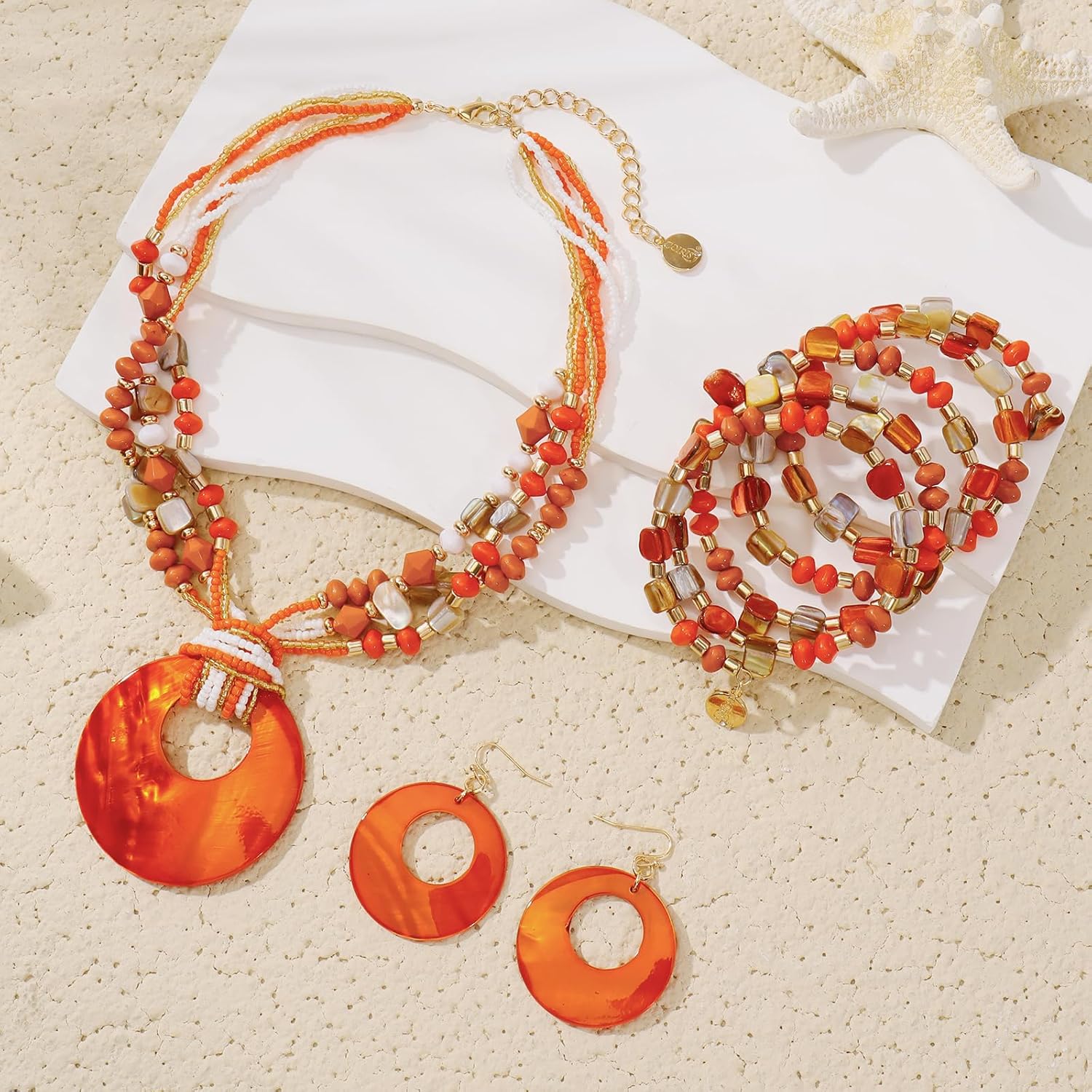 Jewelry Sets for Women 4 Pcs Chunky Beaded Mrs Roper Costume Jewelry for Women Boho Multi Strand Colorful Shell Necklace for Women - Image 6