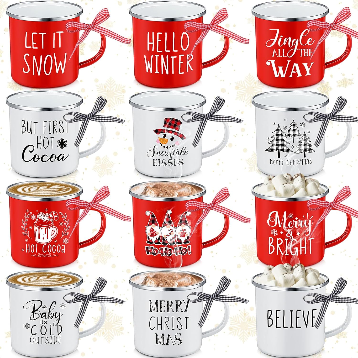 Maxcheck 12 Pcs Christmas Mini Coffee Mug Set, Xmas Espresso Cups Ceramic Mugs Bulk with Red Black Plaid Ribbon for Winter Christmas Table Centerpieces Tiered Tray Decoration Holiday Party Gift