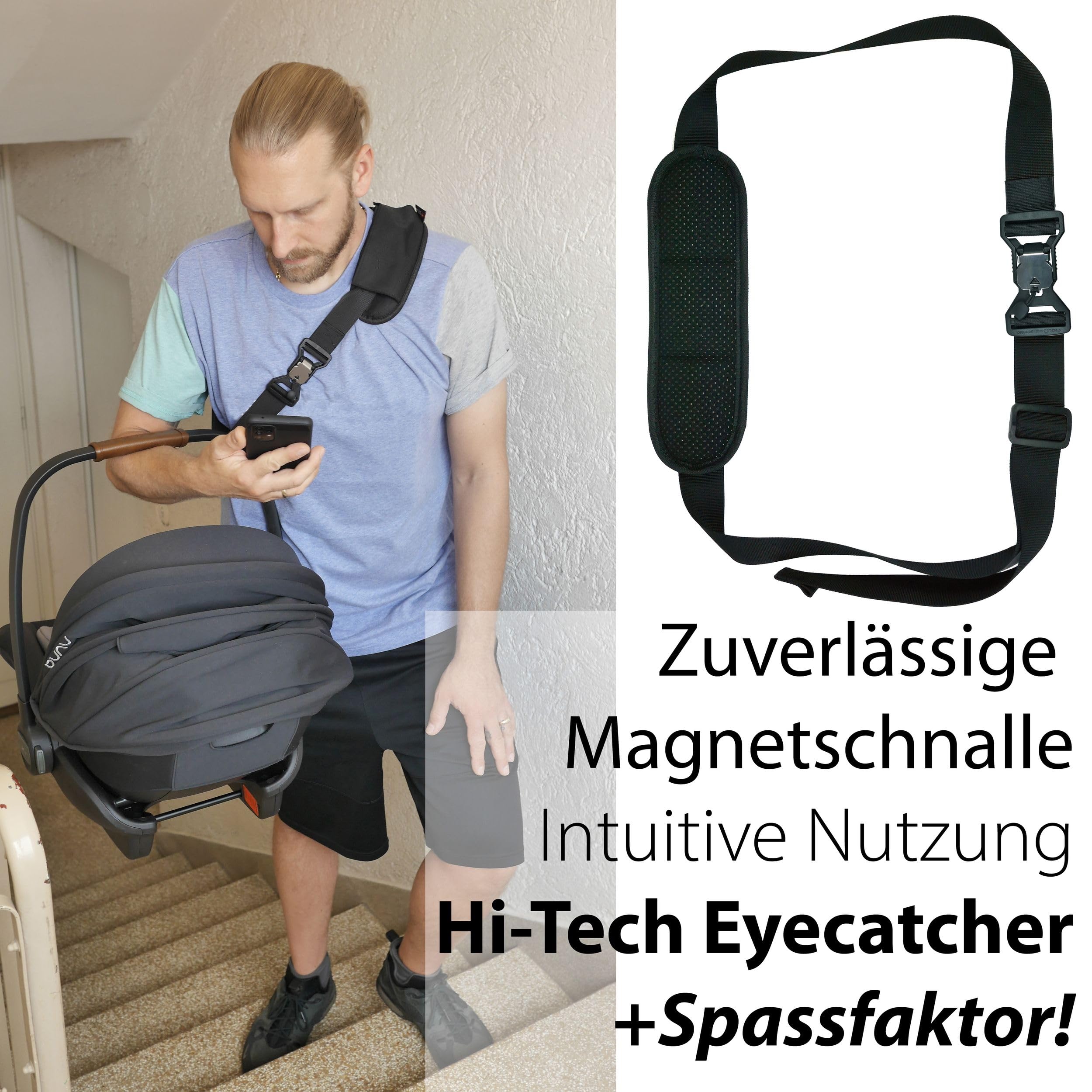 Tragegurt Babyschale mit Fidlock Magnetverschluss und Anti-Rutsch-Schulterpolster, bis zu 60 kg belastbar