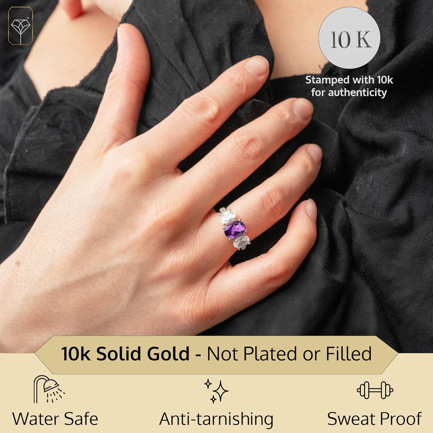 MAX + STONE Solid 10K Gold Gemstone Rings for Women | Three Stone Birthstone Rings in Sizes 6 to 8 | Anti Tarnishing Real 10kt Gold Statement Cocktail Ring with Gift Box - Image 3