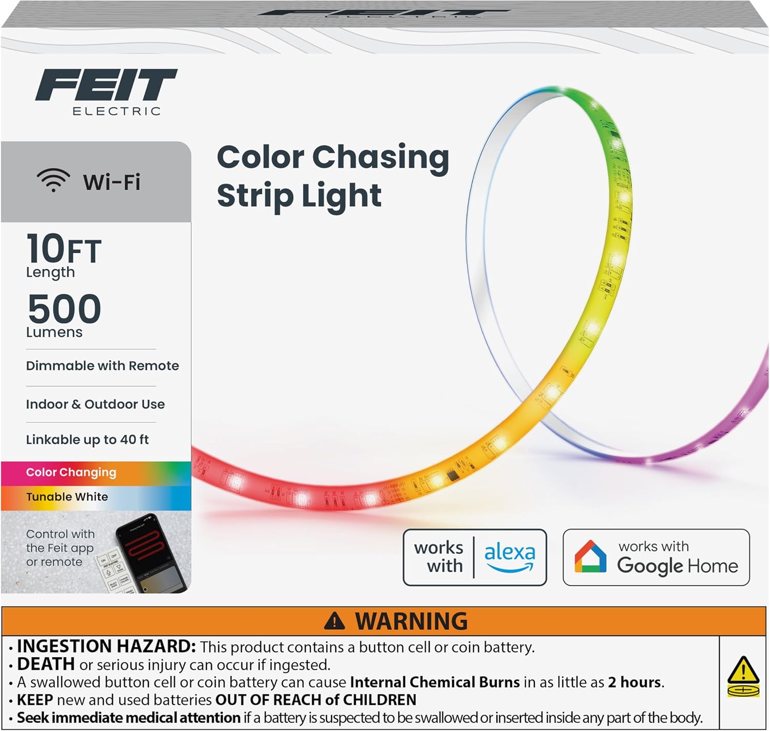 Feit Electric 10FT Smart Chasing LED Strip Light, RGB Color-Changing + Tunable White, Wi-Fi App & Remote Control, Alexa & Google Home, Linkable, Cuttable, Indoor/Outdoor, TAPE10/CHASE/AG