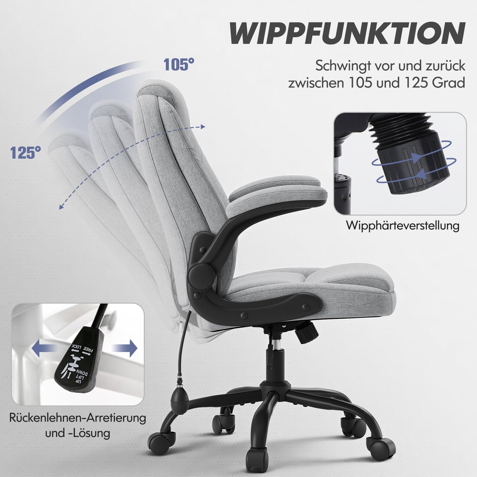 MALOL Bürostuhl Ergonomisch, Office Chair, Homeoffice Chefsessel Stuhl höhenverstellbar 105–125° Wippfunktion, Höhenverstellbarer Schreibtischstuhl mit Luft-Lendenstütze, bürostühle für Büro, Grau